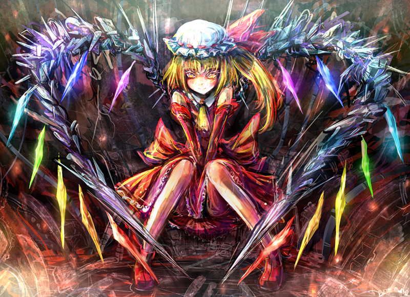 kabutoyama, flandre scarlet, touhou, 1girl, alternate wings, blonde hair, collared shirt, female focus, hat, mob cap, ribbon, shirt, short hair, solo, white hat, wings