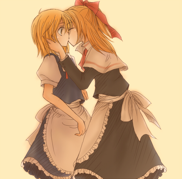 nagasawa (pixiv172331), nagasawa (tthnhk), hourai doll, kirisame marisa, shanghai doll, touhou, bad id, bad pixiv id, 2girls, aged up, blonde hair, closed eyes, female focus, hand on another's face, kiss, multiple girls, surprised, yuri