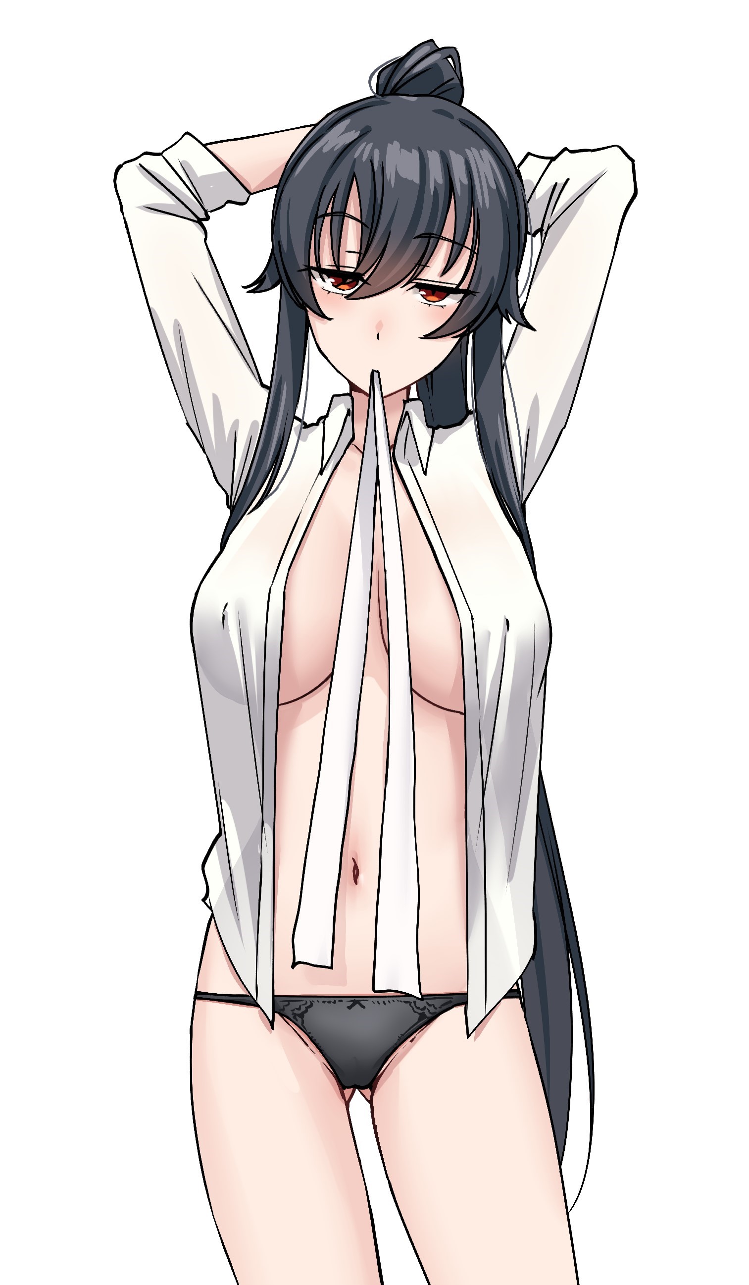 kiritto, yahagi (kancolle), kantai collection, absurdres, commentary request, highres, 1girl, arms up, black hair, black panties, breasts, covered erect nipples, cowboy shot, dressing, gluteal fold, hair between eyes, large breasts, long hair, looking at viewer, mouth hold, navel, open clothes, open shirt, panties, ponytail, red eyes, shirt, sidelocks, simple background, solo, underwear, very long hair, white background, white shirt