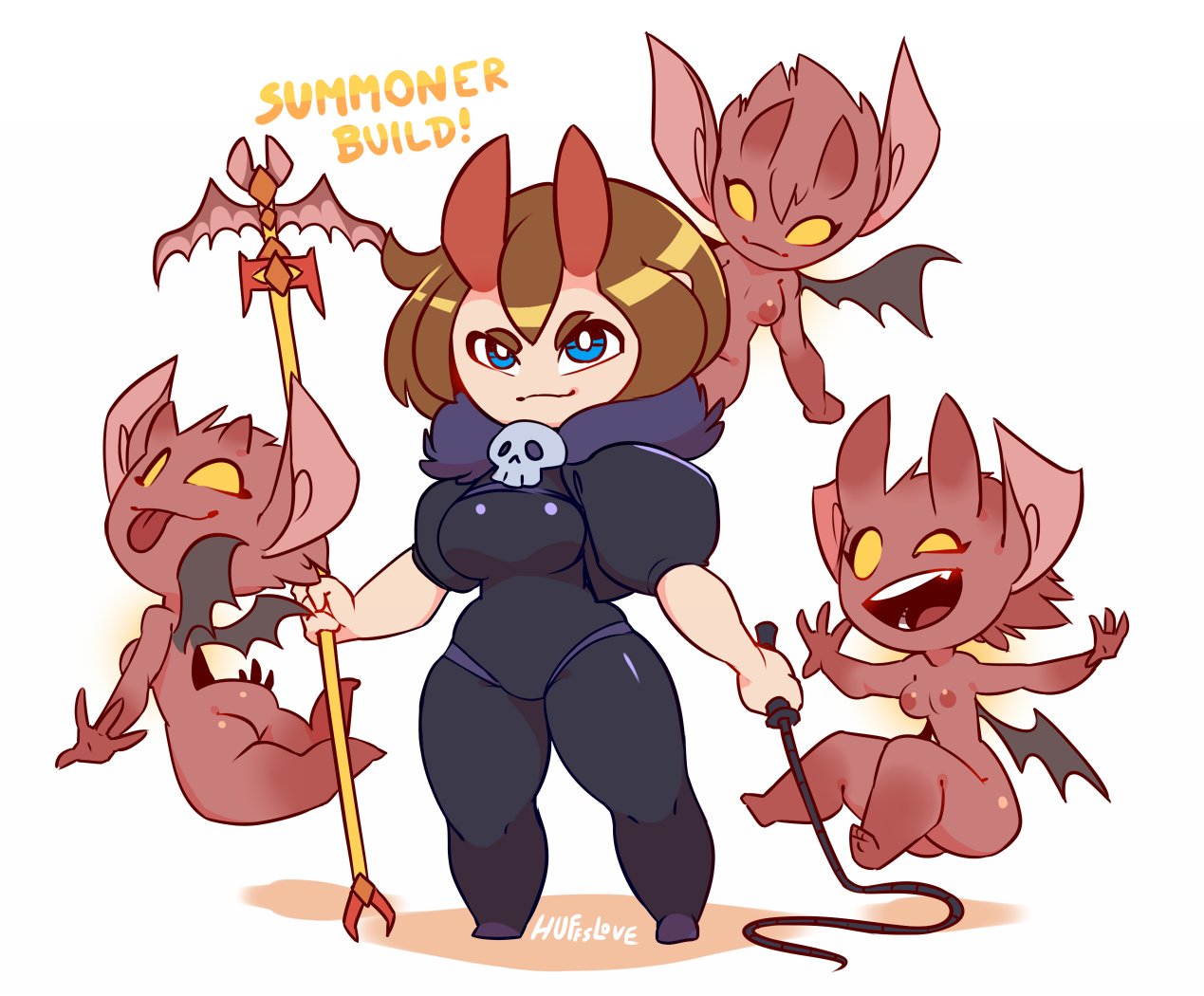huffslove, terraria, character request, commentary, english commentary, 4girls, black shirt, blue eyes, demon girl, demon wings, english text, flying, horns, mage staff, multiple girls, nipples, player character (terraria), shirt, short hair, smile, solid eyes, staff, whip, wide hips, wings, yellow eyes