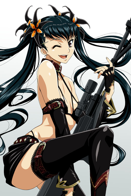 isse, original, 1girl, belt, bikini, bikini top only, black eyes, black hair, collar, detached sleeves, earrings, female focus, fingerless gloves, flat chest, gloves, gun, hair ornament, hairpin, jewelry, long hair, miniskirt, one eye closed, rifle, skirt, smile, solo, swimsuit, thigh gap, thighhighs, thighs, twintails, very long hair, weapon, wink
