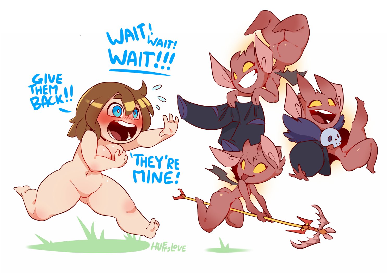 huffslove, terraria, character request, commentary, english commentary, 4girls, black shirt, blue eyes, blush, completely nude, covering breasts, covering privates, demon girl, demon wings, english text, flying, horns, mage staff, multiple girls, nipples, nude, player character (terraria), running, shirt, short hair, smile, solid eyes, staff, whip, wide hips, wings, yellow eyes