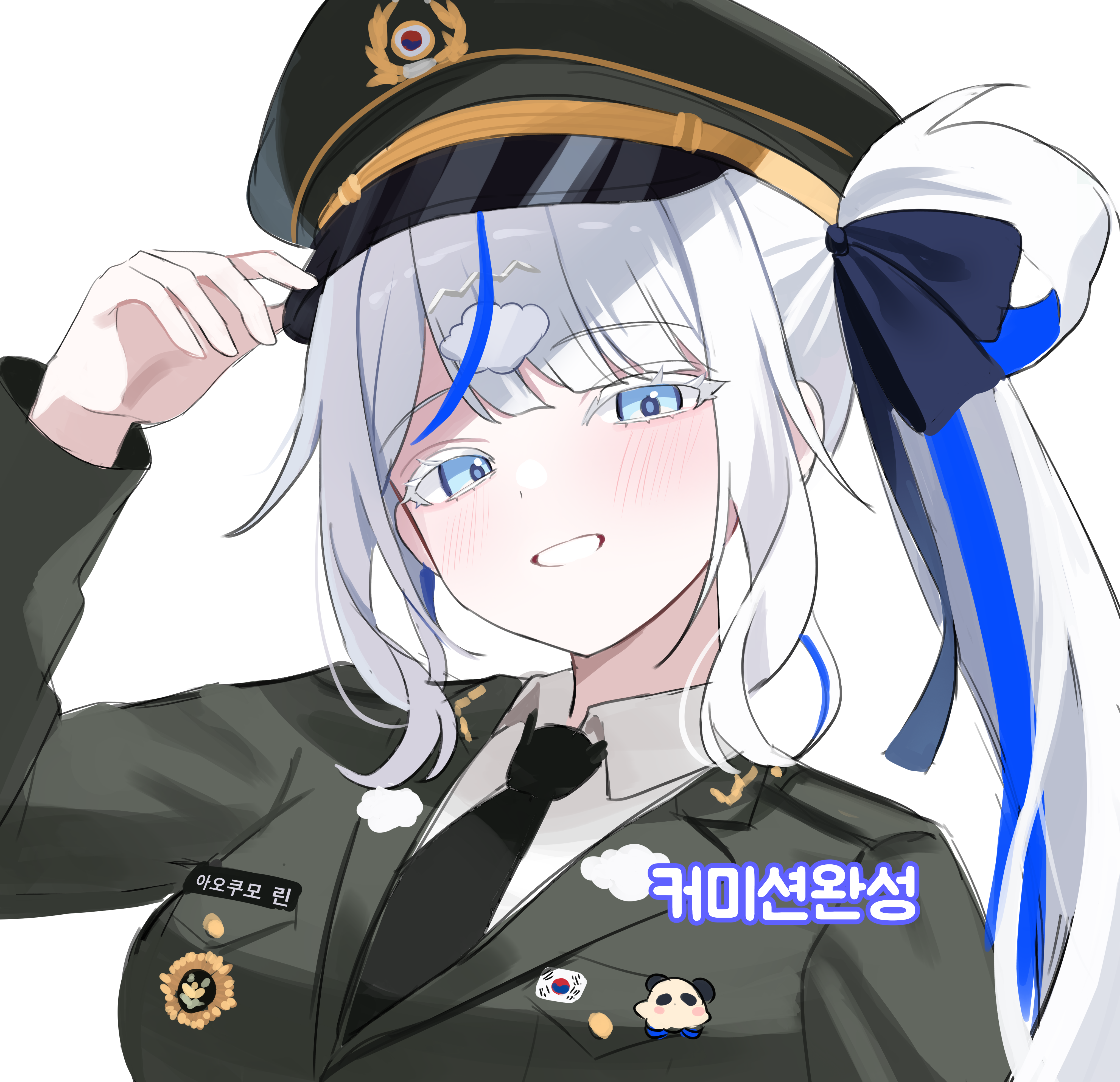nannung, aokumo rin, stellive, absurdres, highres, 1girl, black hat, black jacket, black necktie, blue eyes, breast pocket, breasts, collared shirt, colored eyelashes, grin, hair ribbon, hair rings, hand up, hat, jacket, long hair, looking at viewer, medium breasts, multicolored hair, necktie, peaked cap, pocket, ribbon, shirt, side ponytail, sidelocks, smile, solo, streaked hair, undershirt, upper body, virtual youtuber, white eyelashes, white hair