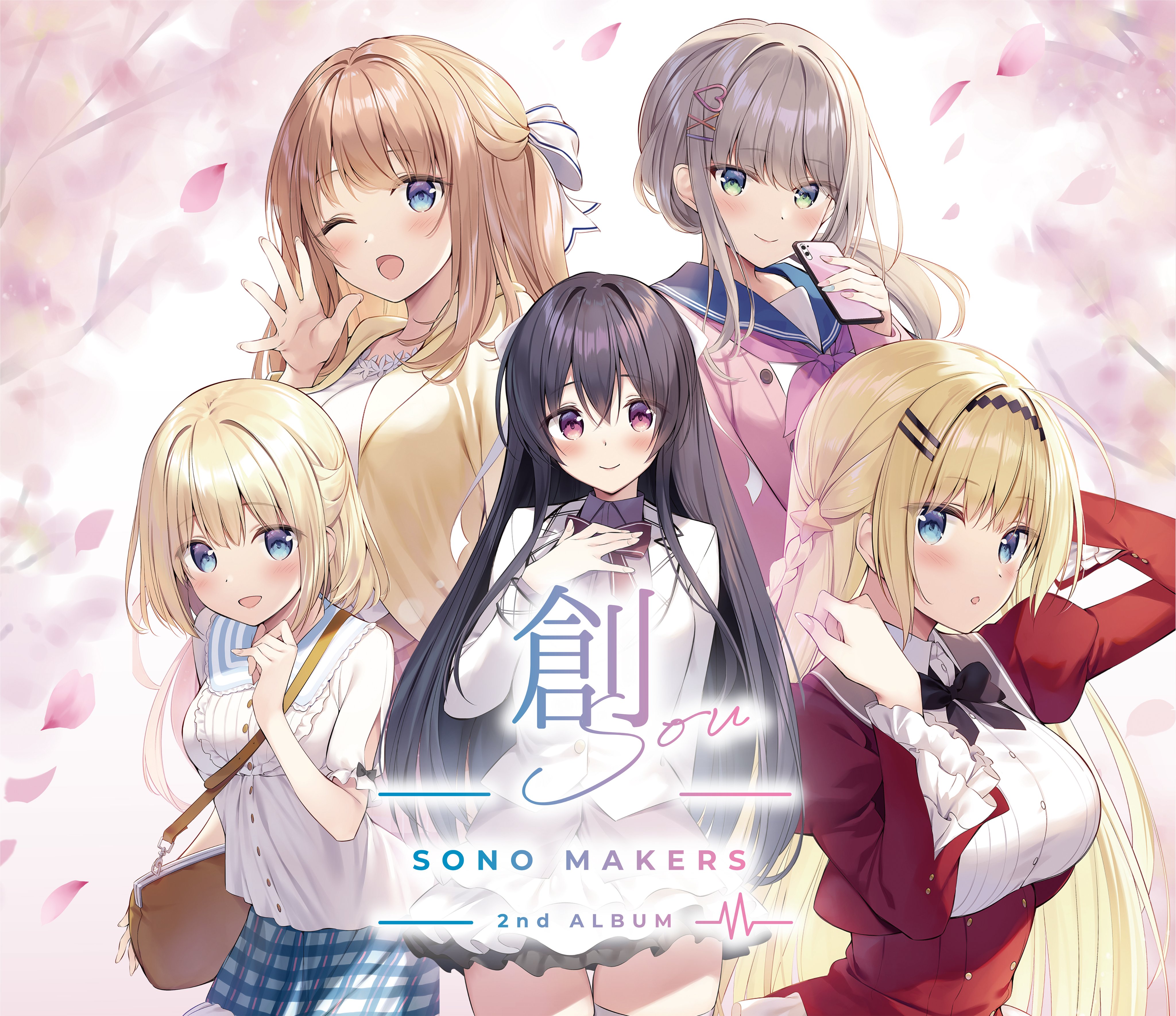 oryo (oryo04), absurdres, character request, commentary request, copyright request, highres, 5girls, bag, black bow, black bowtie, black hair, blazer, blonde hair, blue eyes, blue skirt, blush, bow, bowtie, breasts, cellphone, cherry blossoms, closed mouth, eyes visible through hair, frilled sleeves, frills, green eyes, grey hair, grey skirt, hair between eyes, hair ornament, hair ribbon, hairclip, hand up, hands up, holding, holding phone, jacket, juliet sleeves, lapels, long sleeves, looking at viewer, multiple girls, neckerchief, notched lapels, one eye closed, open mouth, phone, pink eyes, pink neckerchief, pink shirt, puffy sleeves, ribbon, school uniform, serafuku, shirt, short sleeves, skirt, smartphone, smile, standing, white jacket, white ribbon, yellow shirt