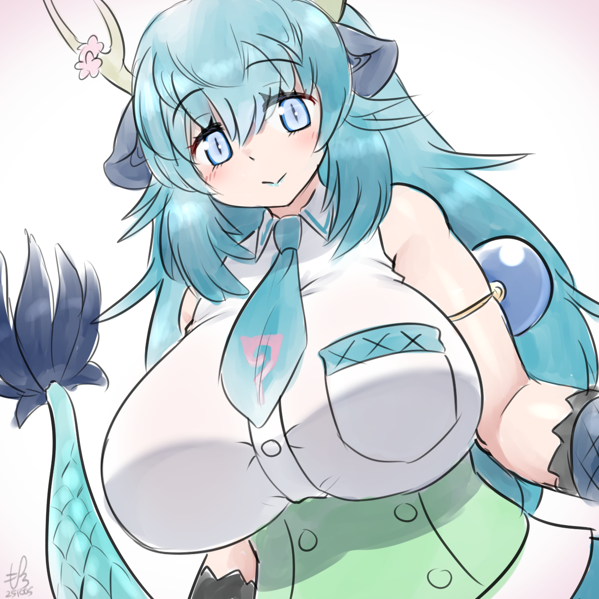 mo23, blue dragon (kemono friends), kemono friends, kemono friends 3, highres, 1girl, animal ears, bare shoulders, belt, blue eyes, blue hair, blue lips, blush, breasts, collared shirt, dragon ears, dragon girl, dragon horns, dragon tail, extra ears, fishnet gloves, fishnets, gloves, green belt, hair between eyes, horns, huge breasts, japari symbol, long hair, looking at viewer, multicolored horns, necktie, scale print, shirt, skirt, sleeveless, slit pupils, tail, yellow horns