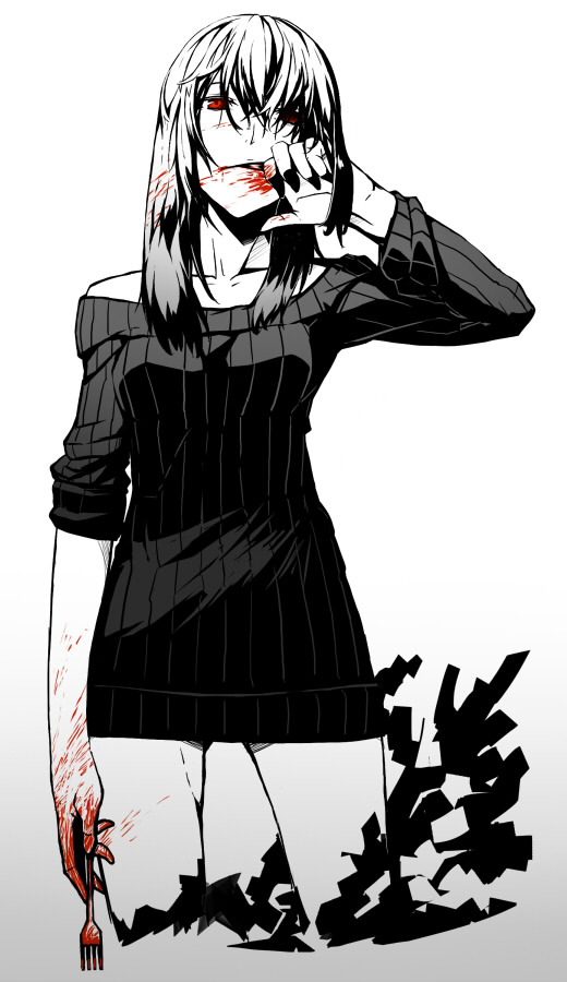 kahadu (kawazu), original, bad id, bad pixiv id, 1girl, bare shoulders, blood, dress, female focus, fork, monochrome, red eyes, sleeves rolled up, solo, spot color, sweater, sweater dress