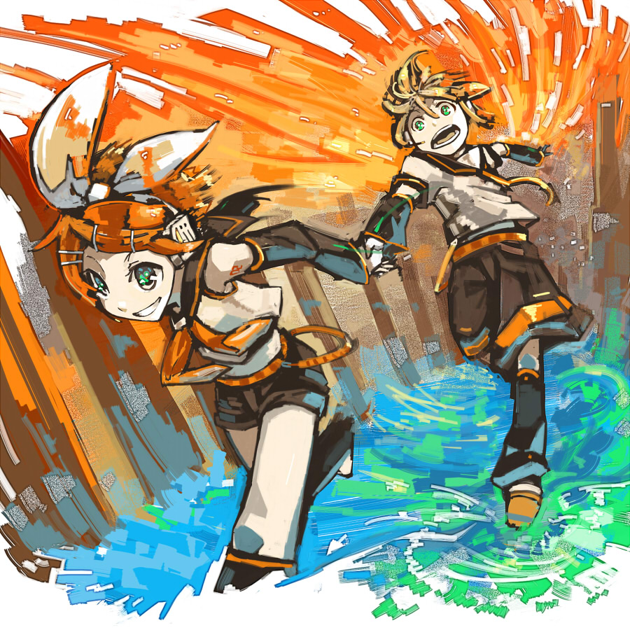 kahadu (kawazu), kagamine len, kagamine rin, vocaloid, bad id, bad pixiv id, 1boy, 1girl, brother and sister, hetero, holding hands, orange hair, running, short hair, siblings, twins