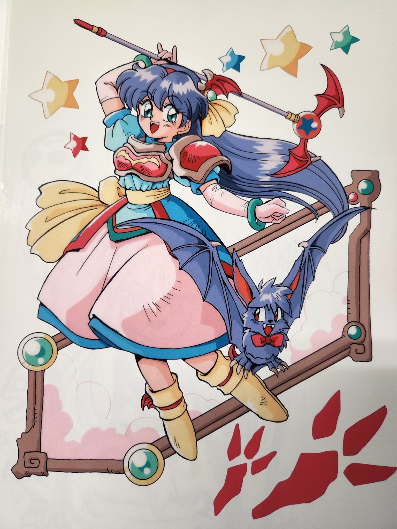 kokomahi, original, highres, 1girl, animal, arm up, bat (animal), blue shirt, boots, bow, bowtie, bracelet, chest guard, clothed animal, elbow gloves, fangs, flying, full body, gloves, green eyes, hair bow, hairband, head wings, holding, holding staff, jewelry, long hair, looking at viewer, open mouth, puffy short sleeves, puffy sleeves, purple hair, red bow, red bowtie, red eyes, red hairband, red wings, sash, shirt, short sleeves, single shoulder pad, skirt, smile, staff, star (symbol), very long hair, white gloves, white skirt, wings, yellow boots, yellow bow, yellow sash