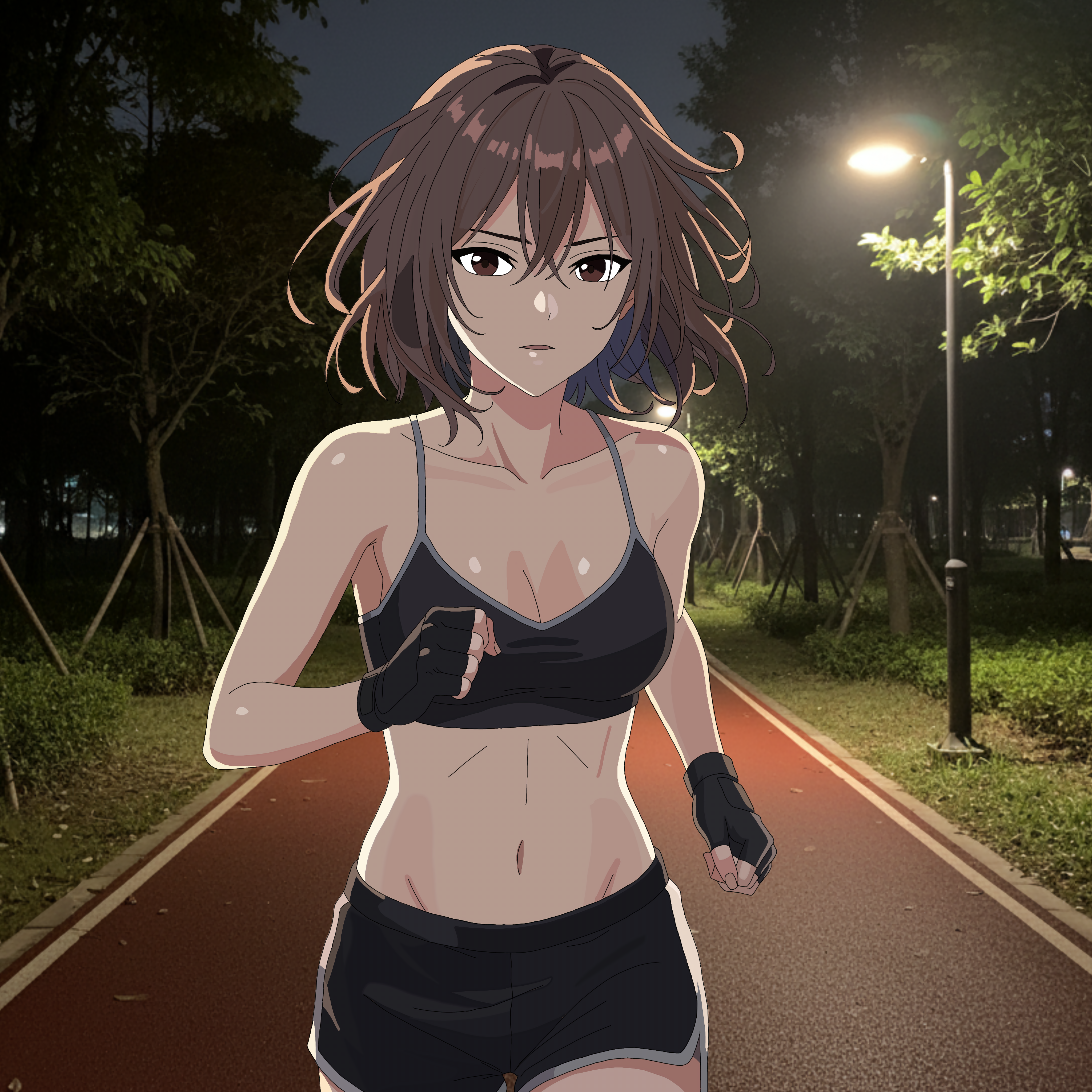 original, ibispaint (medium), 1girl, brown eyes, brown hair, female focus, gloves, jogging, medium hair, navel, night, running, short hair, solo, sports bra