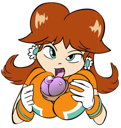 princess daisy, mario (series), mario strikers (series), nintendo, super mario bros. 1, super mario land, super mario strikers, lowres, breasts, cleavage, large breasts, large penis, licking, paizuri, penis, uncensored
