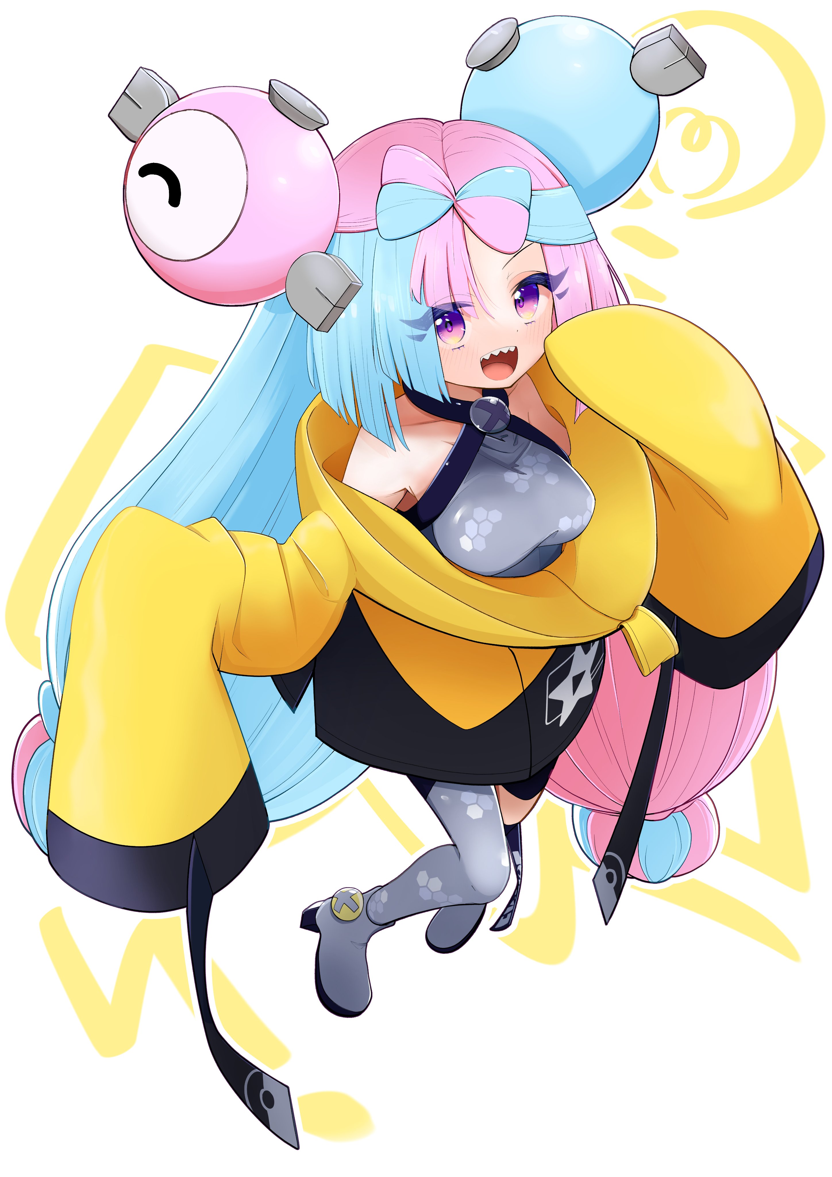 poyoxis, iono (pokemon), nintendo, pokemon, pokemon sv, absurdres, highres, 1girl, full body, multicolored hair, open mouth, sharp teeth, solo, teeth, two-tone hair