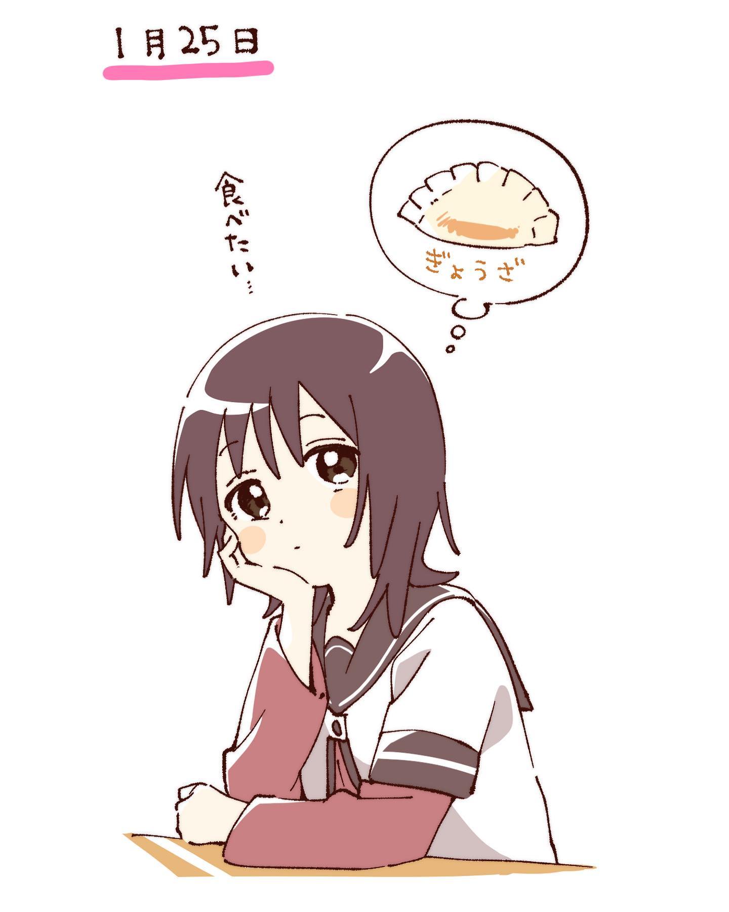 namori, funami yui, yuruyuri, hashtag-only commentary, highres, translation request, 1girl, blush stickers, brown eyes, brown hair, brown sailor collar, dumpling, food, head rest, jiaozi, layered sleeves, long sleeves, nanamori school uniform, open mouth, sailor collar, school uniform, shirt, short hair, short over long sleeves, short sleeves, simple background, solo, speech bubble, spoken food, thought bubble, upper body, white background, white shirt