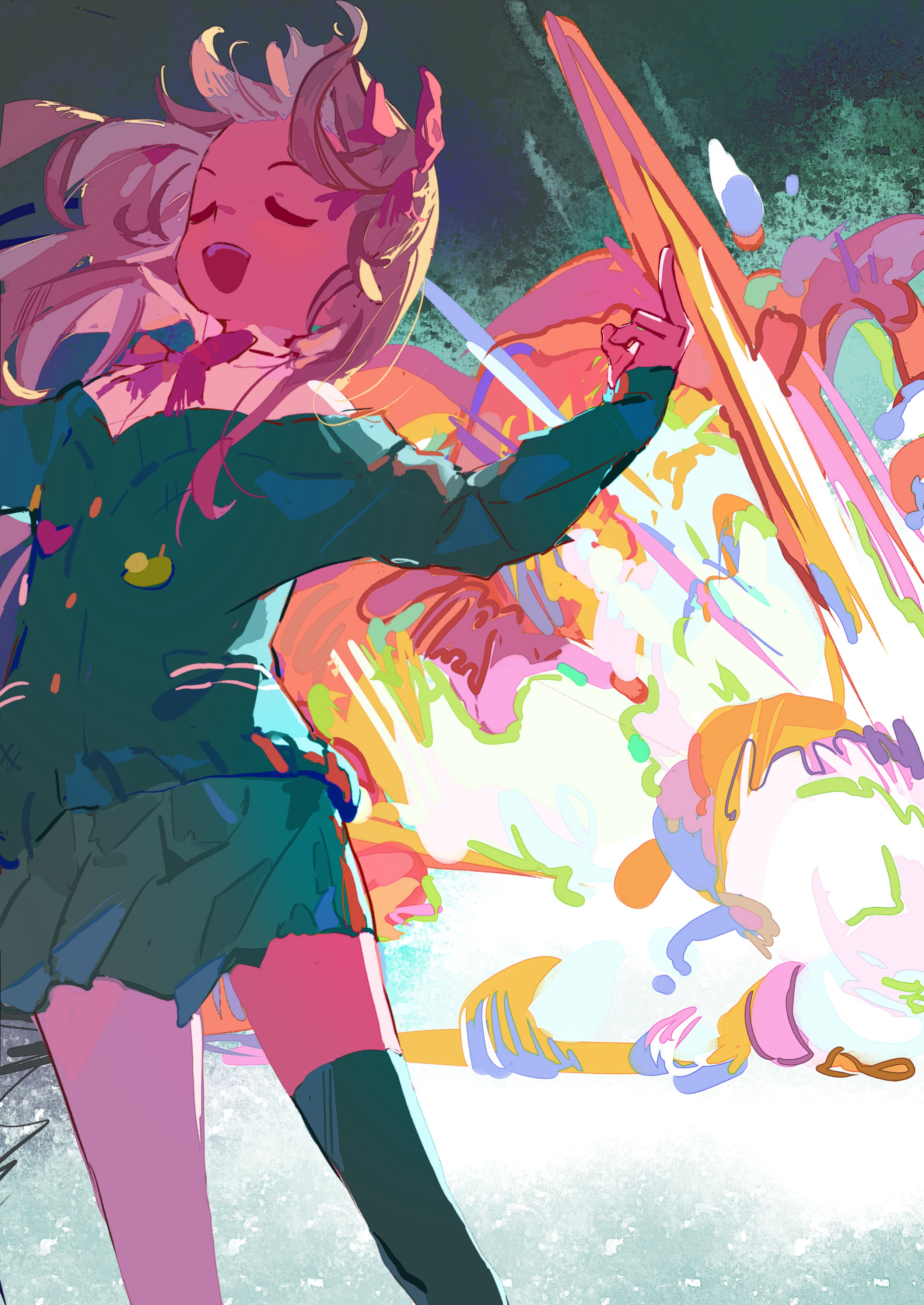 lexingzi, evil neuro-sama, neuro-sama, absurdres, hashtag-only commentary, highres, 1girl, black cardigan, black skirt, black thighhighs, brown hair, cardigan, closed eyes, cowboy shot, dress shirt, explosion, floating hair, from side, hair ribbon, long hair, long sleeves, middle finger, miniskirt, off-shoulder cardigan, open mouth, pleated skirt, red ribbon, ribbon, shirt, single thighhigh, skirt, solo, standing, thighhighs, v-neck, vedal ai, virtual youtuber, white shirt