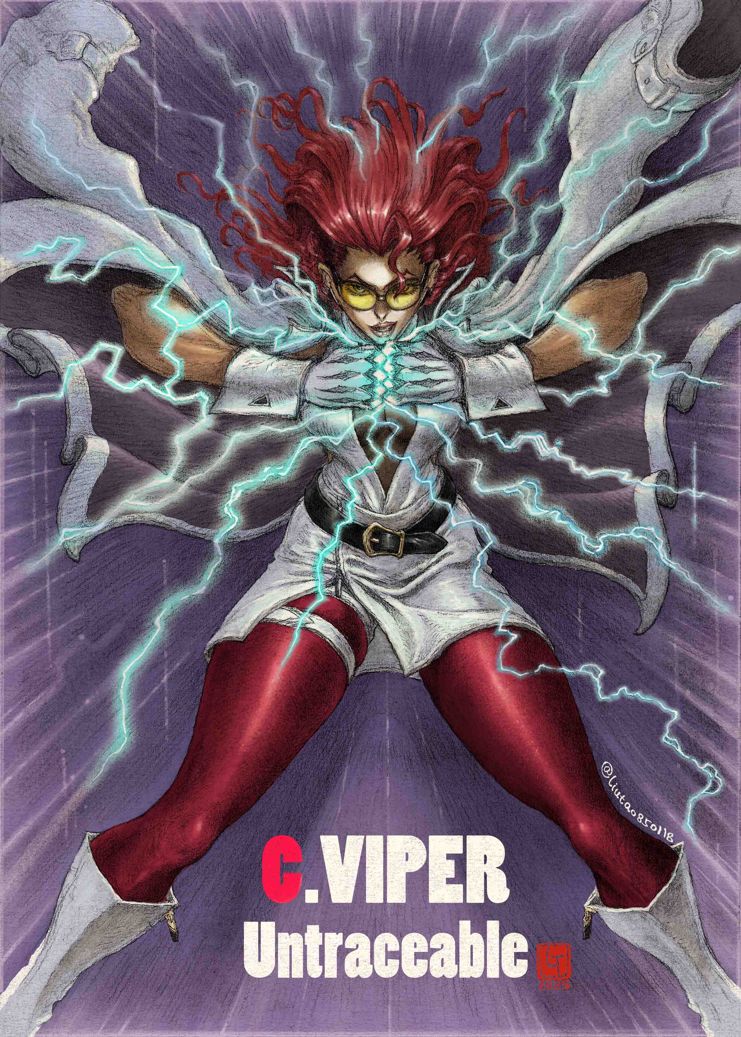 liutao850118, crimson viper, street fighter, street fighter 6, absurdres, commentary, english commentary, highres, 1girl, artist name, belt, boots, breasts, character name, cleavage, coat, coat on shoulders, electricity, gloves, hair slicked back, lips, long hair, looking at viewer, mature female, pantyhose, red hair, see-through clothes, side slit, smile, solo, standing, sunglasses, tinted eyewear, twitter username, white boots, white coat, white gloves, white wrist cuffs, wrist cuffs, yellow-tinted eyewear