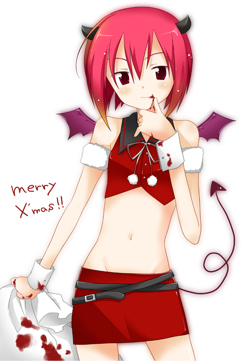 shiratama, shiratama yomogi, original, 1girl, bat wings, blood, christmas, demon tail, female focus, horns, looking at viewer, midriff, navel, pencil skirt, red hair, skirt, solo, tail, vampire, white background, wings, wrist cuffs