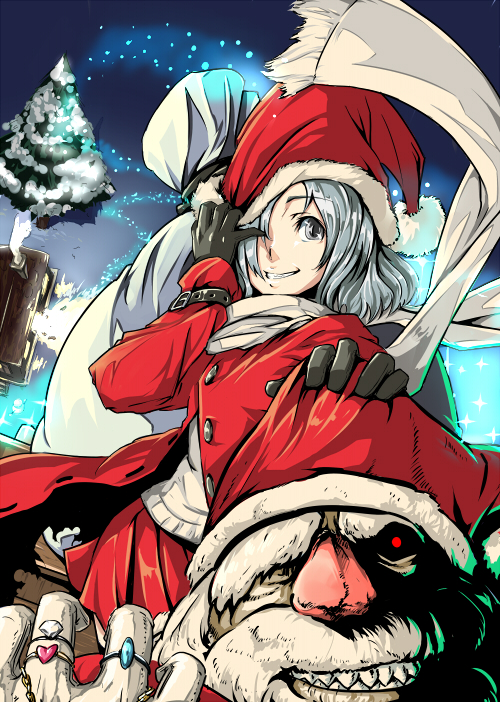 satori, satori (transient wind), santa claus, original, silver hair, 1girl, bag, christmas, female focus, gloves, grey eyes, grin, hat, heart, jewelry, one-eyed, red eyes, ring, sack, santa costume, santa hat, smile, solo, teeth