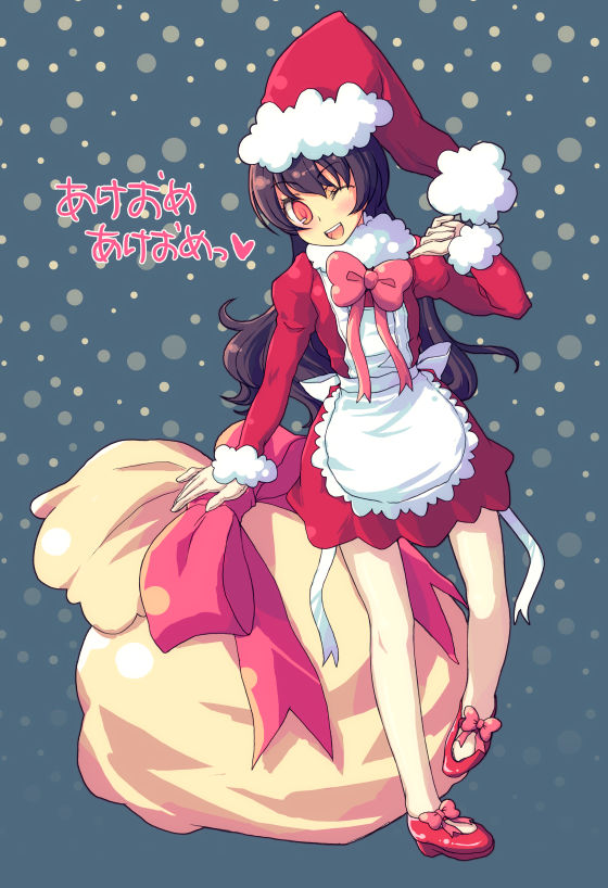 kimarin, original, 1girl, apron, bow, bowtie, brown hair, christmas, dress, female focus, full body, grey background, long hair, long sleeves, looking at viewer, orange eyes, red bow, red bowtie, red dress, sack, santa costume, simple background, snowing, solo, standing, waist apron