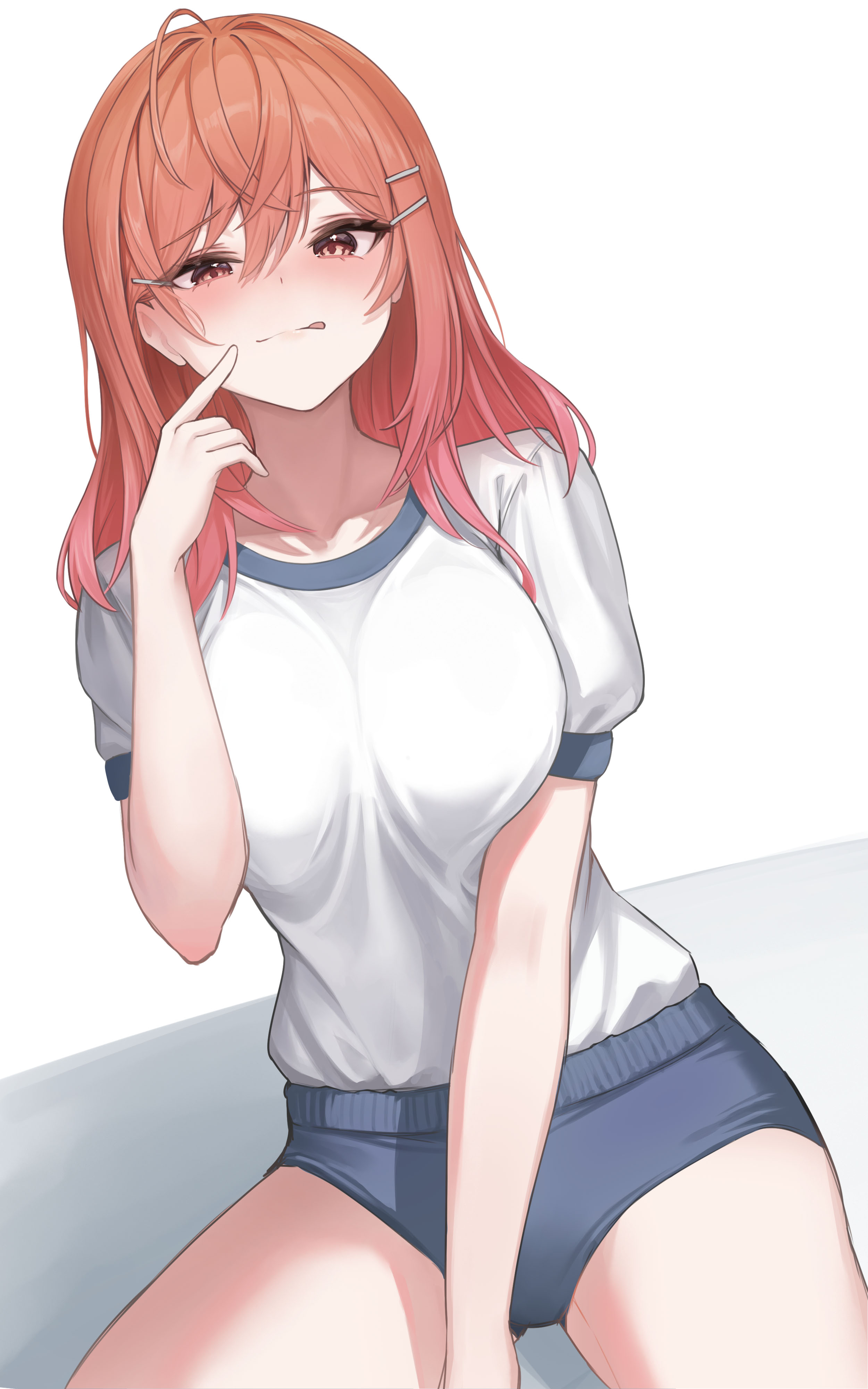 steelball (jwk76806995), ichijou ririka, hololive, hololive dev is, absurdres, highres, 1girl, :q, ahoge, bare shoulders, blue buruma, breasts, buruma, closed mouth, gradient hair, gym uniform, hair ornament, hairclip, hand up, licking lips, long hair, looking at viewer, medium breasts, multicolored hair, orange hair, red eyes, shirt, shirt tucked in, short sleeves, smile, solo, tongue, tongue out, uneven eyes, virtual youtuber, white shirt