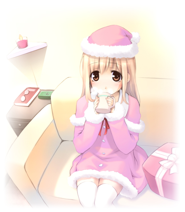 ooji, 1girl, blonde hair, brown eyes, christmas, cup, female focus, gift, hat, holding, holding gift, santa costume, santa hat, solo, thighhighs, zettai ryouiki