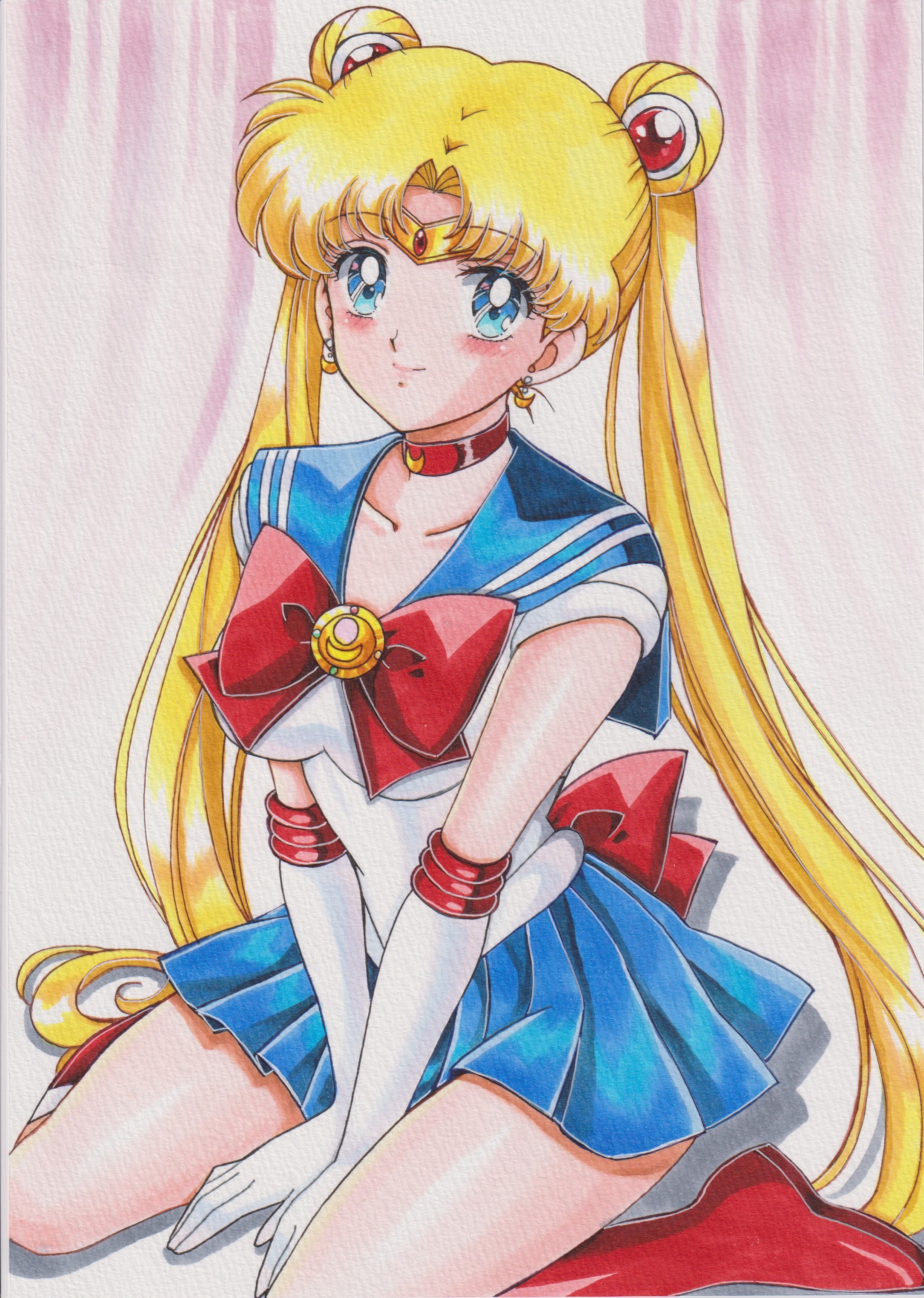 chikoto (kztc4472), sailor moon, tsukino usagi, bishoujo senshi sailor moon, bishoujo senshi sailor moon (first season), absurdres, commentary, highres, traditional media, 1girl, blonde hair, blue eyes, blue sailor collar, bow, choker, collarbone, crescent, crescent choker, crescent earrings, double bun, earrings, elbow gloves, gloves, hair bun, hair ornament, heart, heart choker, jewelry, long hair, magical girl, parted bangs, red bow, red choker, sailor collar, sailor senshi uniform, sitting, skirt, solo, transformation brooch (sailor moon), twintails, very long hair, wariza, white gloves