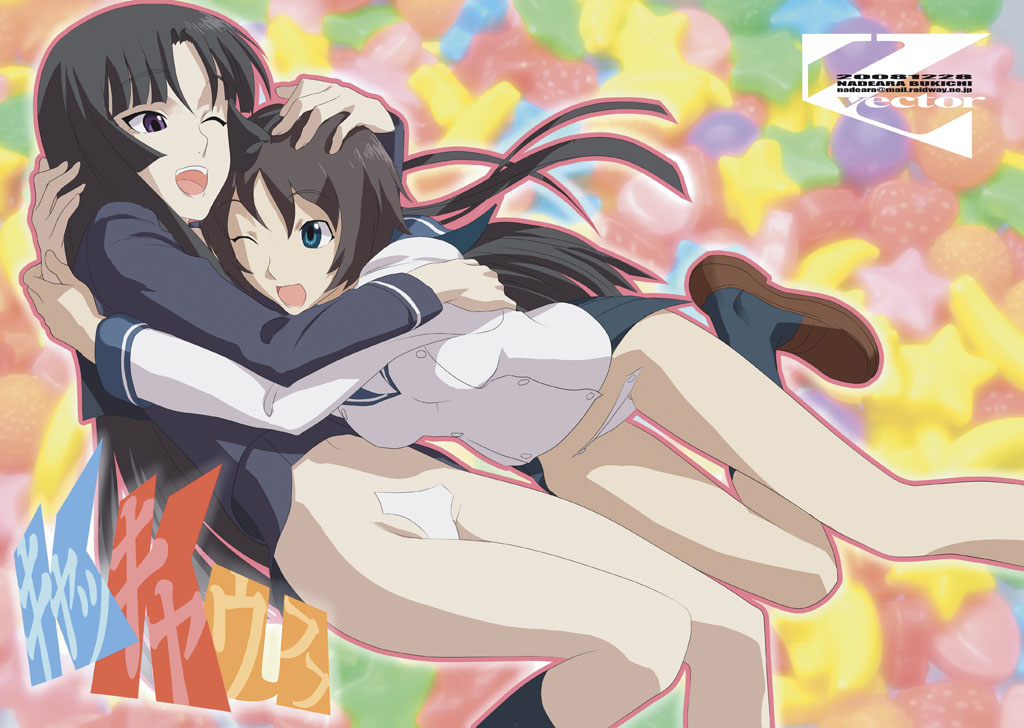 nadeara bukichi, isayama yomi, tsuchimiya kagura, ga-rei, ga-rei zero, 00s, 2girls, blunt bangs, c-string, hand on another's head, hime cut, maebari, multiple girls, no pants, outline, pink outline, strapless bottom