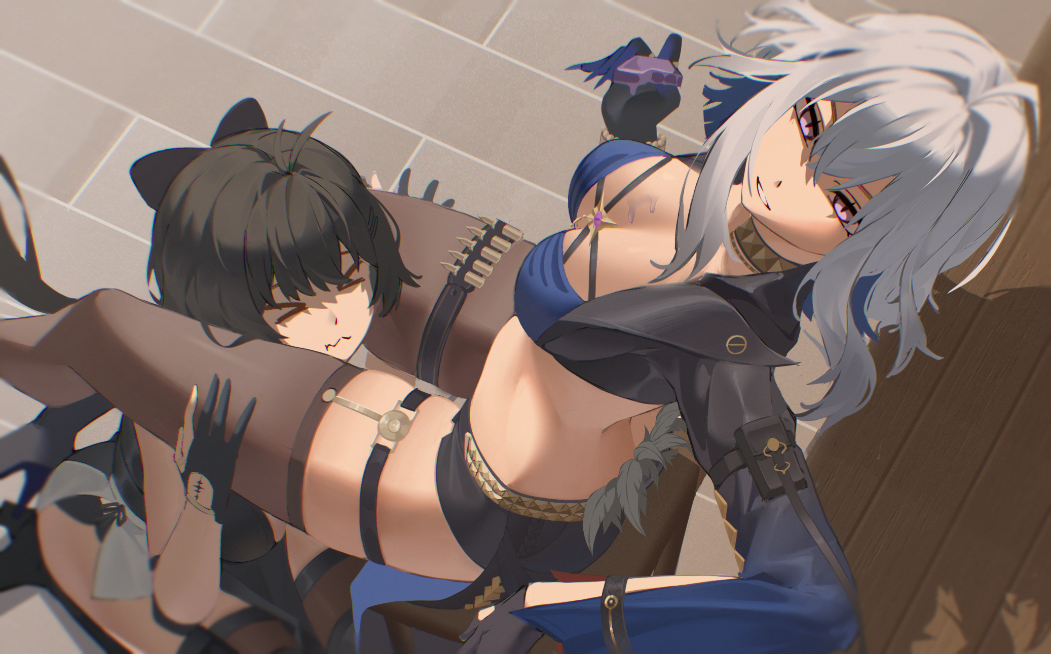 ang lazypaint, female rover (wuthering waves), galbrena (wuthering waves), rover (wuthering waves), wuthering waves, commentary, highres, > <, 2girls, black bow, black gloves, black jacket, black pantyhose, black thighhighs, blue bra, bow, bra, breasts, cleavage, closed eyes, cropped jacket, food, gloves, grey hair, hair between eyes, hair bow, holding, holding food, holding popsicle, jacket, medium breasts, medium hair, multiple girls, pantyhose, parted lips, popsicle, purple eyes, single leg pantyhose, single thighhigh, tacet mark (wuthering waves), thighhighs, thighs, underwear, yuri