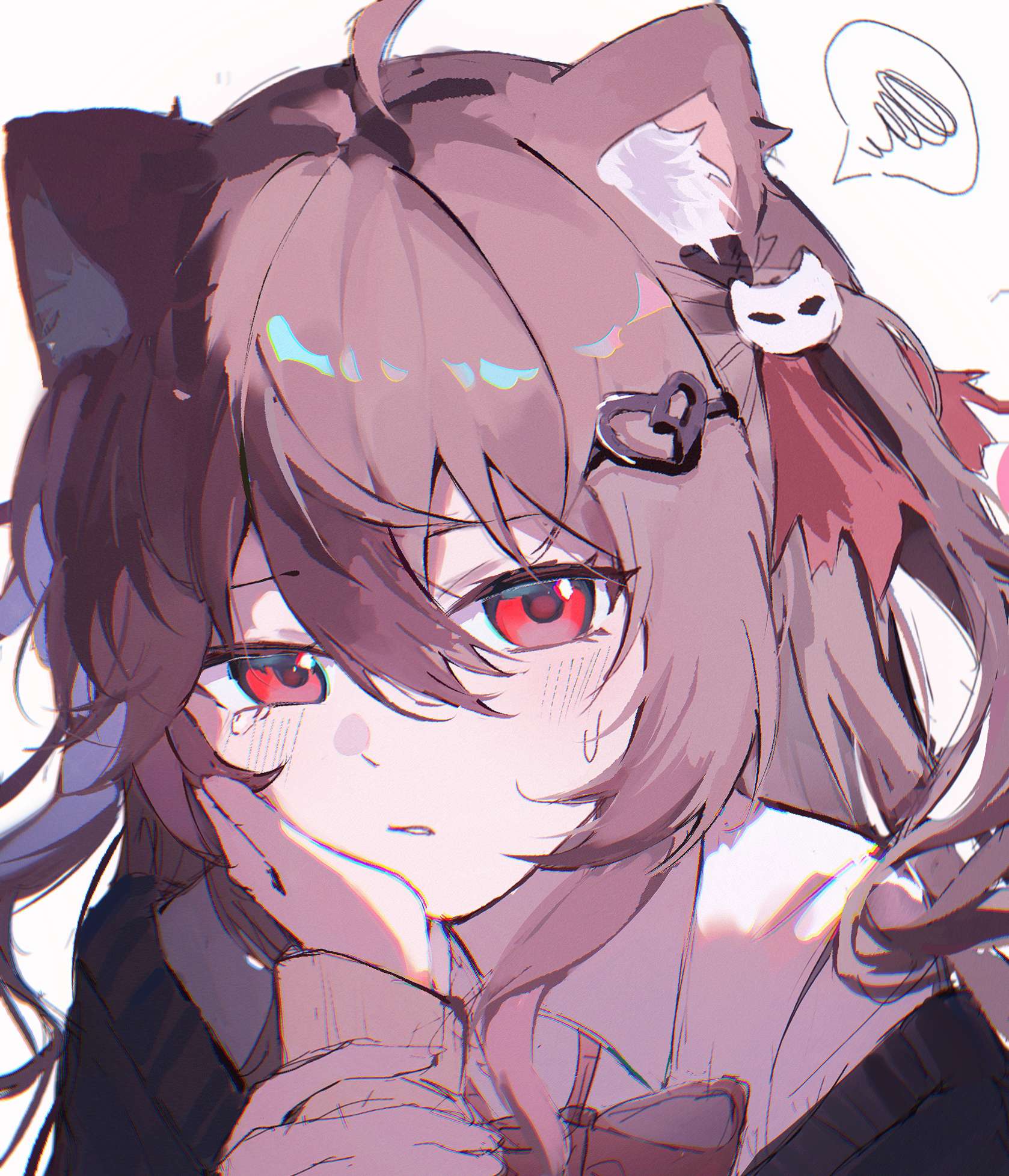 pinkpink939, evil neuro-sama, neuro-sama, commentary, commission, english commentary, highres, second-party source, 1girl, 1other, animal ears, annoyed, black cardigan, bow, bowtie, broken heart, broken heart hair ornament, brown hair, cardigan, cat ears, cat girl, dress shirt, from side, hair between eyes, hair ornament, hair ribbon, heart, long hair, long sleeves, looking at viewer, off-shoulder cardigan, parted lips, red bow, red bowtie, red eyes, ribbon, shirt, simple background, skull hair ornament, speech bubble, upper body, vedal ai, white background, white shirt