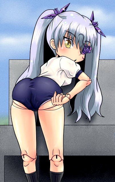sokushi, soxy, barasuishou, rozen maiden, bad id, bad pixiv id, 00s, adjusting buruma, adjusting clothes, ass, buruma, doll, doll joints, eyepatch, gym uniform, joints, solo, twintails, white hair, yellow eyes