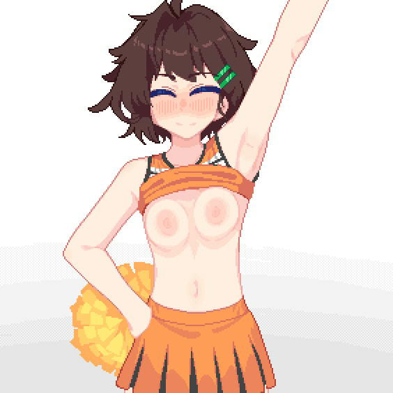 hurumero, hanekenomichi-chan, original, animated, animated gif, commentary request, paid reward available, 1girl, blush, bouncing breasts, breasts, brown hair, cheerleader, closed eyes, closed mouth, clothes lift, collarbone, facing viewer, hair ornament, hairclip, holding, holding pom poms, medium breasts, navel, nipples, nose blush, open mouth, orange shirt, orange skirt, parallel hairclips, pom pom (cheerleading), pom poms, shirt, shirt lift, short hair, simple background, skirt, sleeveless, sleeveless shirt, solo, white background