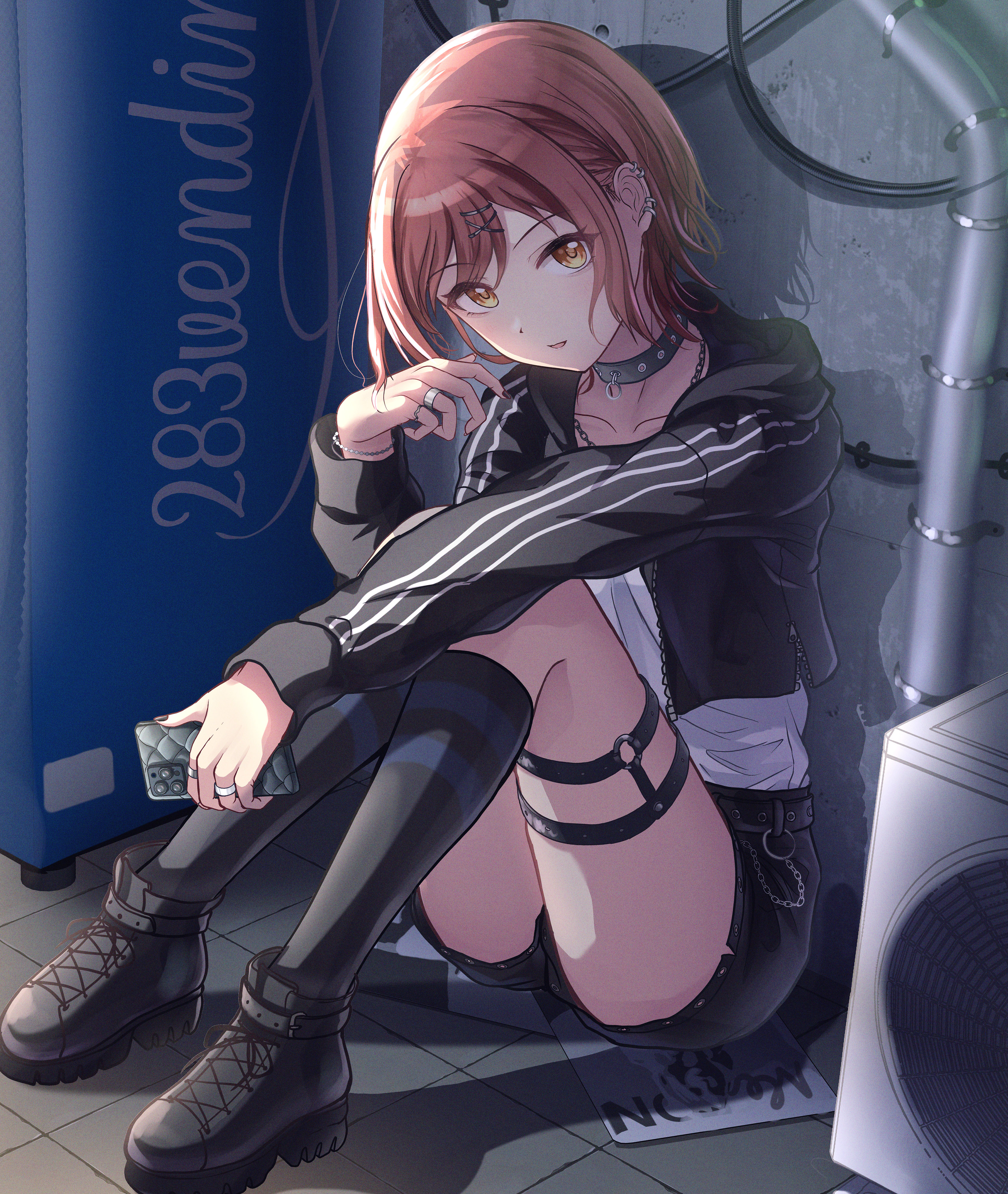 citrusmikan, osaki amana, idolmaster, idolmaster shiny colors, absurdres, commentary request, highres, 1girl, barbell piercing, black choker, black jacket, black nails, black shorts, black socks, blush, bracelet, cellphone, choker, collarbone, cropped jacket, ear piercing, earrings, hair ornament, hairclip, holding, holding phone, hood, hooded track jacket, industrial piercing, jacket, jewelry, kneehighs, long sleeves, looking at viewer, multiple piercings, nail polish, necklace, o-ring, o-ring choker, official alternate costume, official alternate hair length, official alternate hairstyle, open clothes, open jacket, open mouth, phone, piercing, red hair, ring, shirt, short hair, shorts, sitting, smartphone, smile, socks, solo, swept bangs, thigh strap, track jacket, white shirt, x hair ornament, yellow eyes
