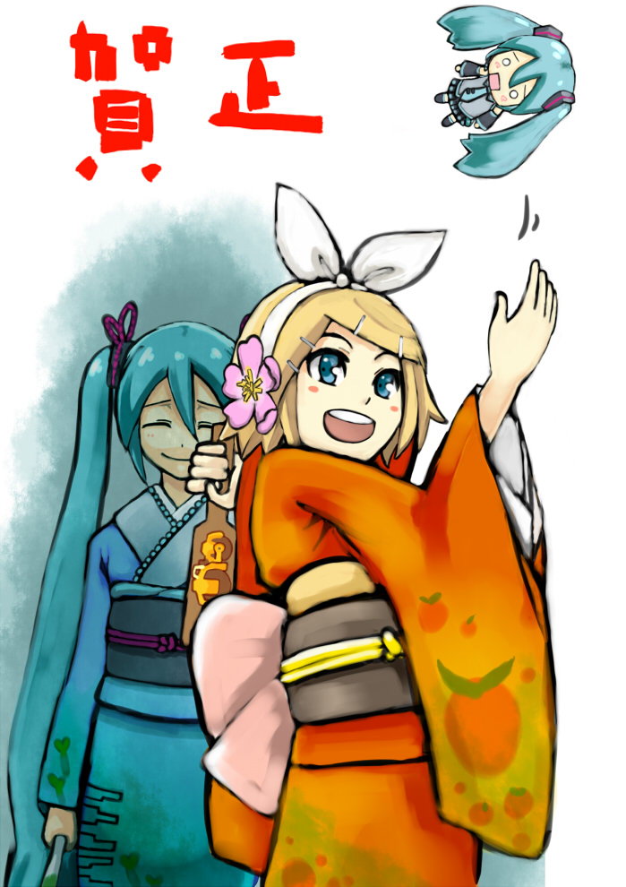 kahadu (kawazu), hachune miku, hatsune miku, kagamine rin, vocaloid, bad id, bad pixiv id, aqua hair, blonde hair, blue eyes, chibi, flower, food-themed clothes, food print, fruit print, hair flower, hair ornament, happy, japanese clothes, kimono, orange print, short hair, spring onion, twintails