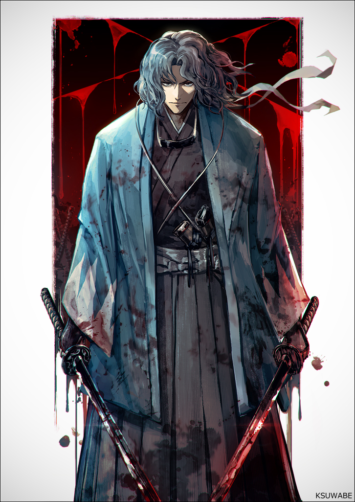 k-suwabe, saitou hajime (fate), saitou hajime (third ascension) (fate), fate/grand order, fate (series), 1boy, aqua haori, arm guards, black kimono, blood, blood on clothes, bloody weapon, dual wielding, grey hair, grey hakama, hakama, haori, headband, holding, japanese clothes, katana, kimono, looking at viewer, solo, sword, unsheathed, unworn headband, wavy hair, weapon