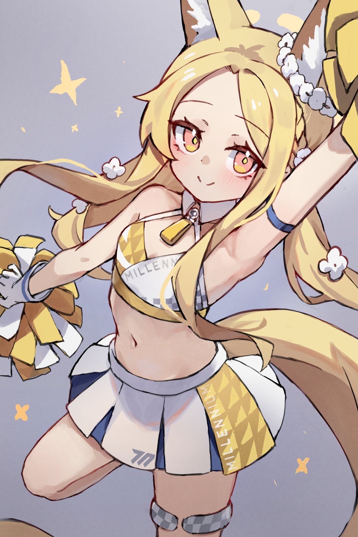 miya (miyaruta), seia (blue archive), blue archive, commentary, english commentary, highres, 1girl, animal ear fluff, animal ears, armpits, bare shoulders, blonde hair, blush, braid, breasts, cheerleader, cleavage, closed mouth, cosplay, flower, forehead, fox ears, fox girl, fox tail, gloves, grey background, hair flower, hair ornament, halo, long hair, millennium cheerleader outfit (blue archive), navel, parted bangs, pink eyes, pleated skirt, pom pom (cheerleading), simple background, skirt, small breasts, smile, solo, standing, standing on one leg, tail, very long hair, white flower, white gloves, white skirt