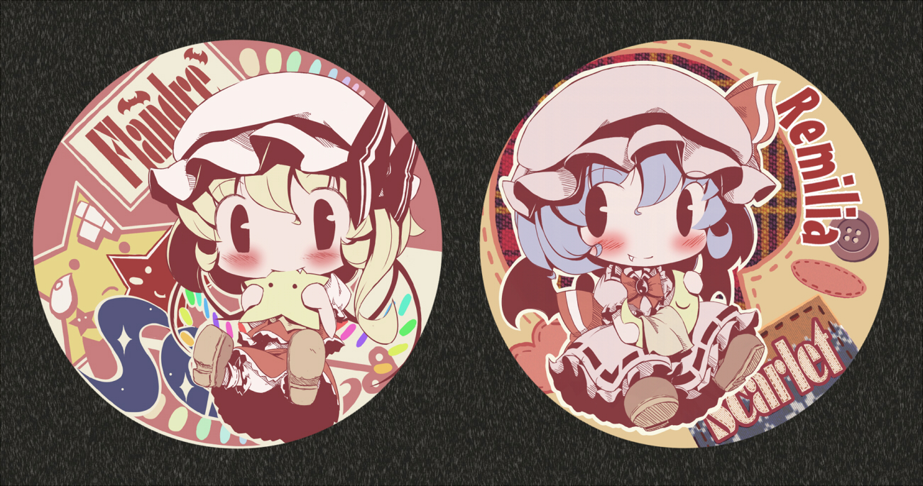 takahero, flandre scarlet, remilia scarlet, touhou, 2girls, bat wings, biting, blonde hair, blue hair, blush, chibi, fang, female focus, hat, mob cap, multiple girls, ribbon, short hair, star (symbol), wings