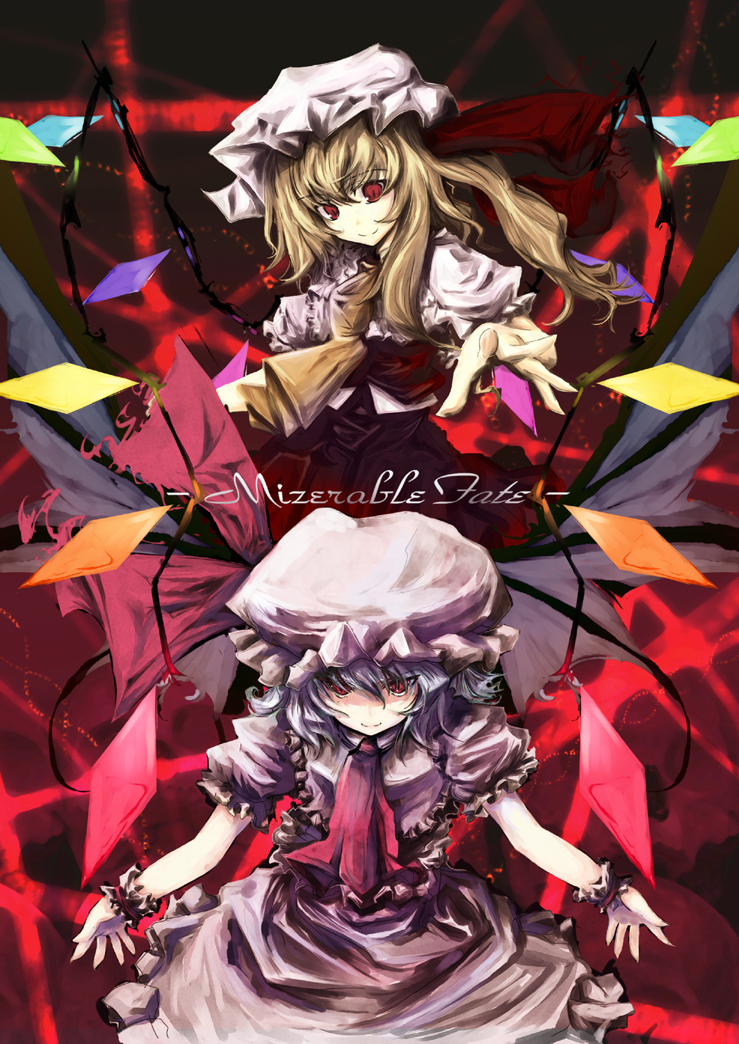 asagi (kabocha oukoku), asagi shii, hisago (pixiv), flandre scarlet, remilia scarlet, touhou, bad id, bad pixiv id, highres, 2girls, bat wings, blonde hair, blue hair, english text, engrish text, female focus, hat, mob cap, multiple girls, ranguage, red eyes, ribbon, short hair, siblings, sisters, wings