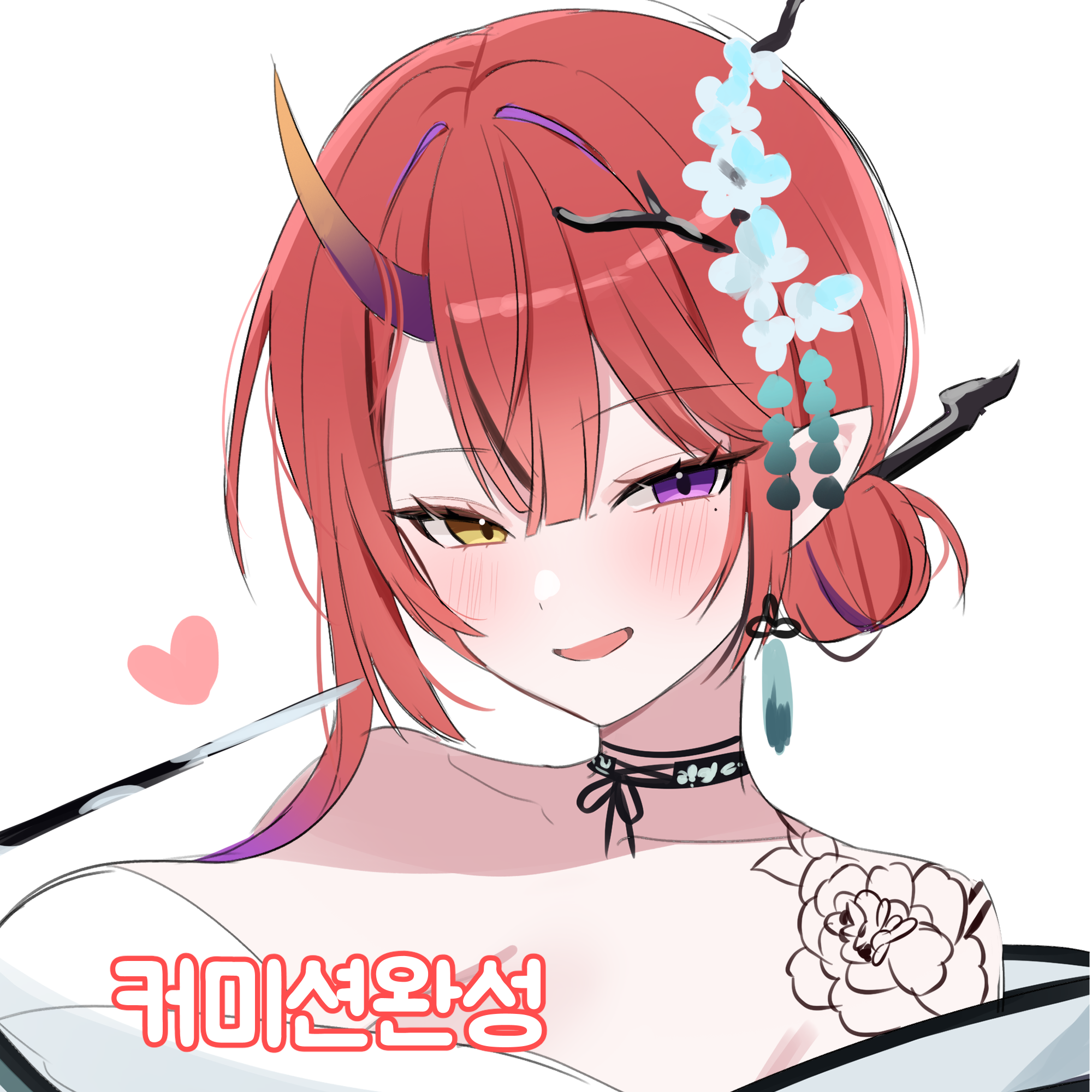 nannung, kurenai natsuki (vtuber), stardays, highres, 1girl, bare shoulders, black choker, breasts, choker, hair branch, hair ornament, hairpin, heart, heterochromia, horns, large breasts, looking at viewer, mole, mole under eye, off shoulder, open mouth, pointy ears, purple eyes, red hair, shoulder tattoo, single horn, smile, solo, tattoo, upper body, virtual youtuber, yellow eyes