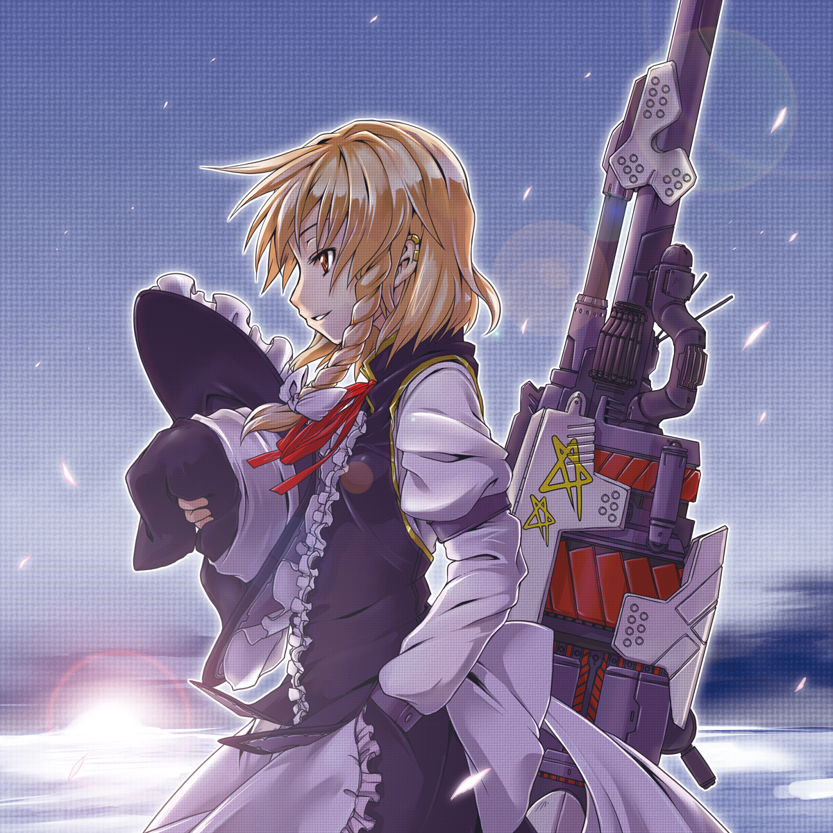 tsukinami, tsukinami kousuke, kirisame marisa, touhou, highres, 1girl, alternate weapon, blonde hair, cannon, earrings, female focus, frills, gun, hat, holding, holding unworn hat, huge weapon, jewelry, profile, ribbon, short hair, sky, smile, solo, unworn hat, unworn headwear, weapon, witch, witch hat, yellow eyes