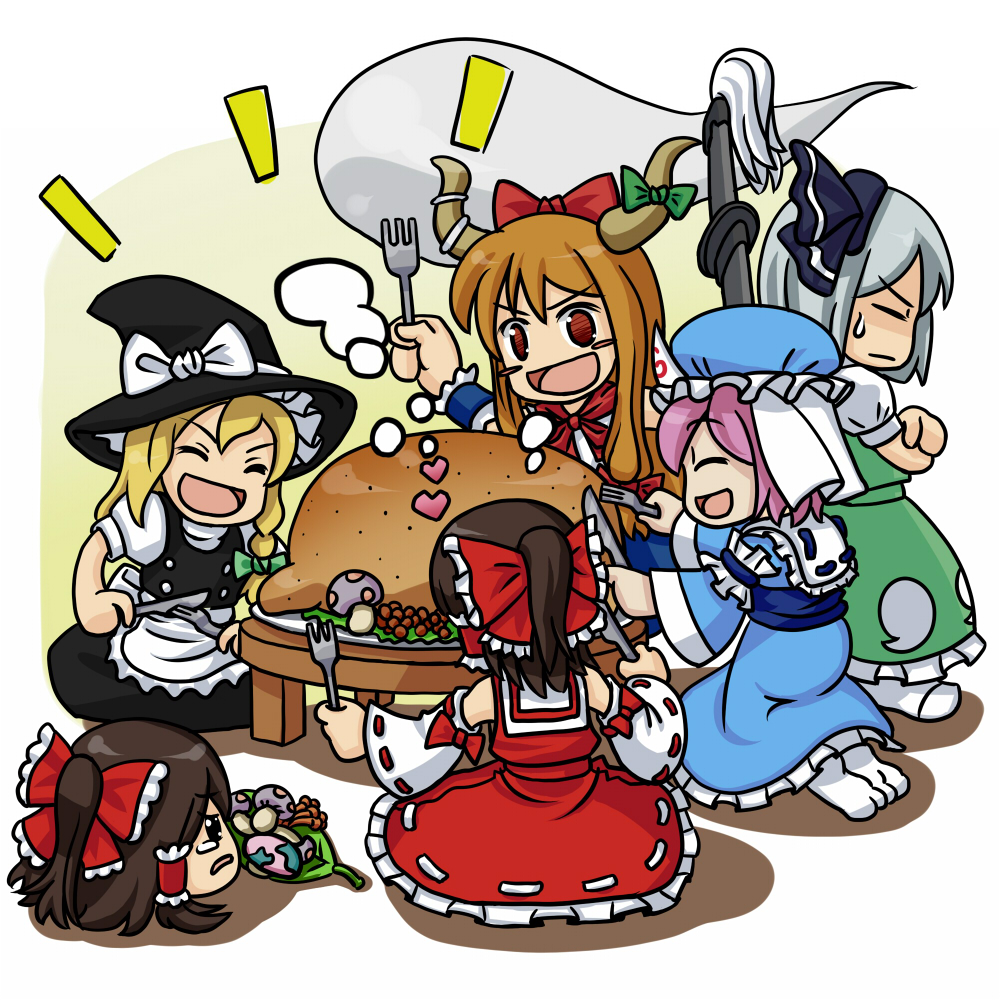 aka-kabuto no gema, hakurei reimu, ibuki suika, kirisame marisa, konpaku youmu, konpaku youmu (ghost), saigyouji yuyuko, touhou, 5girls, blonde hair, chicken (food), female focus, food, hitodama, multiple girls, mushroom, sweatdrop, table, tears, yukkuri shiteitte ne