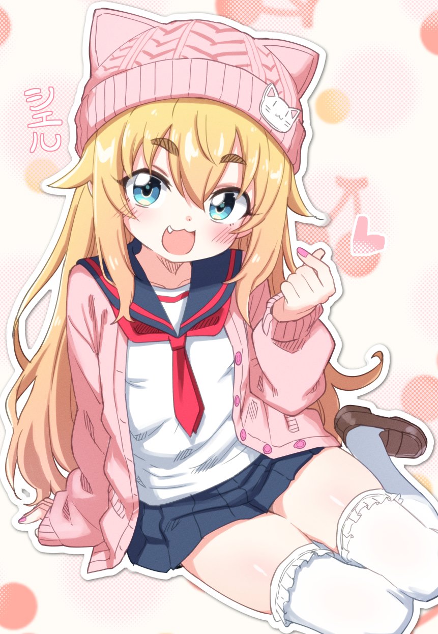 denmaru. (dedendenmaru), original, commentary request, highres, 1girl, :3, :d, animal hat, beanie, blonde hair, blue eyes, blue sailor collar, blue skirt, blush, brown shoes, cardigan, cat hat, cat hat ornament, fang, frilled thighhighs, frills, full body, hair between eyes, hand up, hat, hat ornament, long hair, long sleeves, looking at viewer, nail polish, necktie, open cardigan, open clothes, open mouth, outline, pink cardigan, pink hat, pink nails, pleated skirt, red necktie, sailor collar, school uniform, serafuku, shirt, shoes, sitting, skirt, smile, solo, thick eyebrows, thighhighs, white outline, white shirt, white thighhighs