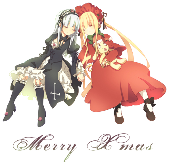 ekeo, kunkun, shinku, suigintou, rozen maiden, silver hair, bad id, bad pixiv id, 00s, 2girls, blonde hair, bonnet, boots, christmas, closed eyes, doll joints, dress, hairband, hat, holding hands, joints, knee boots, long hair, multiple girls, santa hat, sleeping, stuffed animal, stuffed toy, text focus, twintails