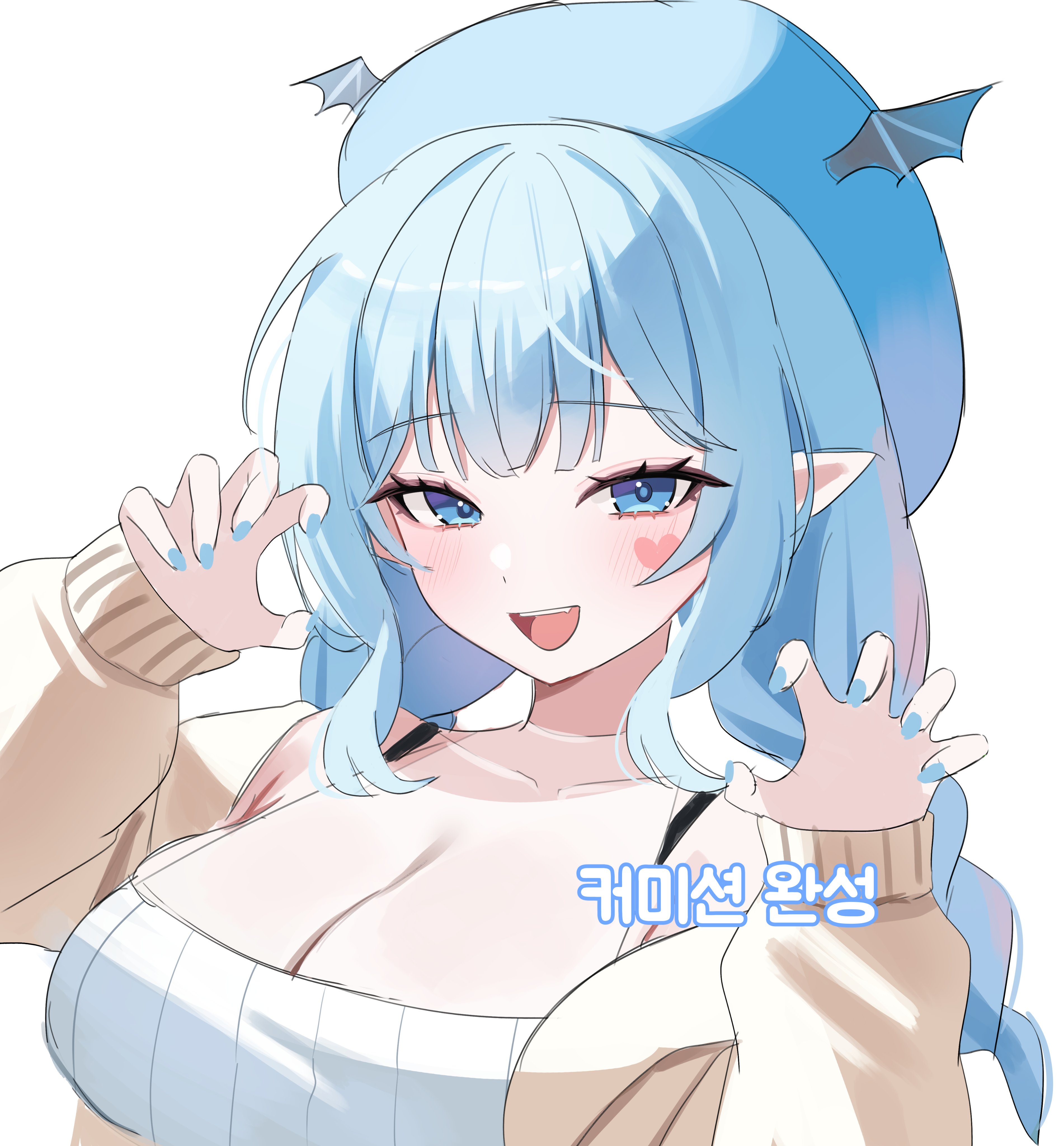 nannung, original, absurdres, commission, highres, 1girl, blue eyes, blue hair, blue hat, braid, breasts, claw pose, cleavage, collarbone, facial mark, hands up, hat, jacket, large breasts, long hair, looking at viewer, off shoulder, open mouth, ribbed shirt, see-through cleavage, see-through clothes, shirt, simple background, sleeveless, sleeveless shirt, smile, solo, twin braids, twintails, white background, white shirt, yellow jacket