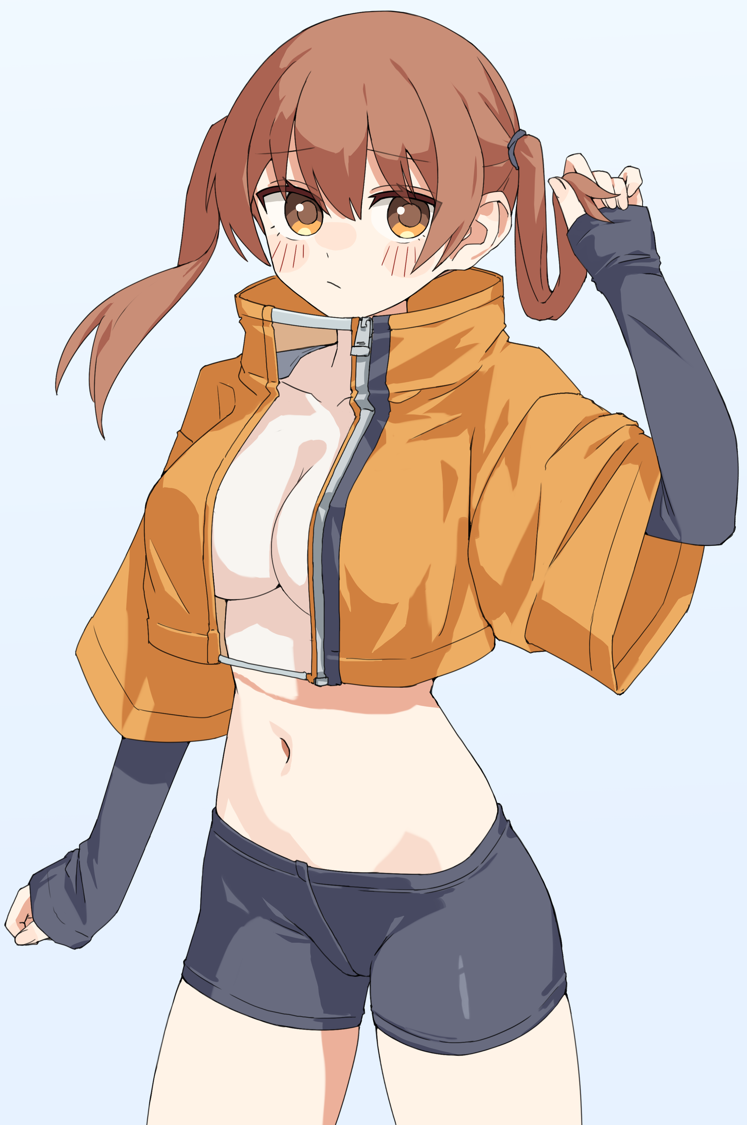 kopaka (karda nui), original, absurdres, commentary request, highres, 1girl, arm up, bike shorts, black shorts, blue background, blush stickers, breasts, brown eyes, brown hair, brown jacket, closed mouth, crop top, crop top overhang, cropped jacket, jacket, layered sleeves, long sleeves, looking at viewer, medium breasts, navel, see-through cleavage, see-through clothes, short over long sleeves, short shorts, short sleeves, shorts, simple background, sleeves past wrists, solo, twintails, wide sleeves