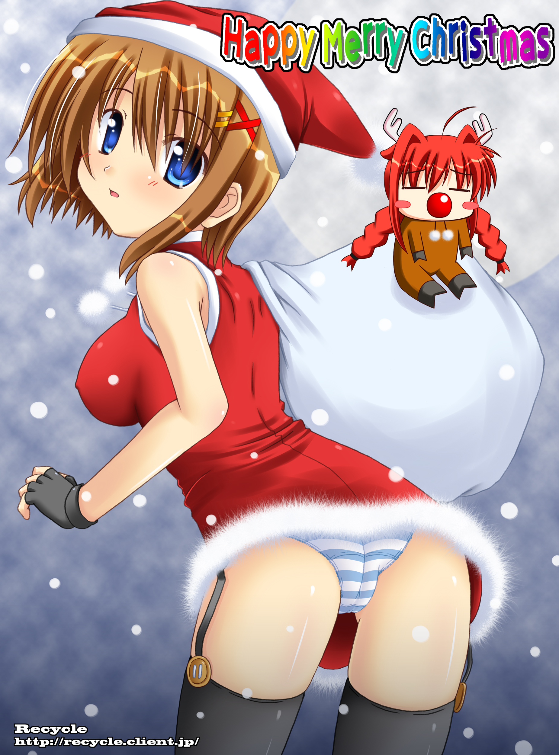 lask, vita (nanoha), yagami hayate, lyrical nanoha, mahou shoujo lyrical nanoha, mahou shoujo lyrical nanoha a's, absurdres, highres, 00s, antlers, ass, blue eyes, braid, breasts, brown hair, chibi, christmas, covered erect nipples, garter straps, hat, horns, large breasts, panties, red hair, sack, santa costume, santa hat, striped clothes, striped panties, thighhighs, twin braids, underwear, upskirt