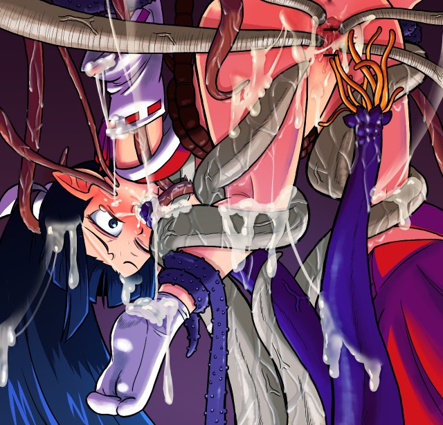sokushi, soxy, ronin (disgaea), disgaea, bad id, bad pixiv id, 1girl, ass, blue hair, bukkake, censored, cum, cum on clothes, cum on hair, feet, female focus, japanese clothes, long hair, miko, oral, pointy ears, pussy, rape, ronin disagaea, solo, spread pussy, tentacles