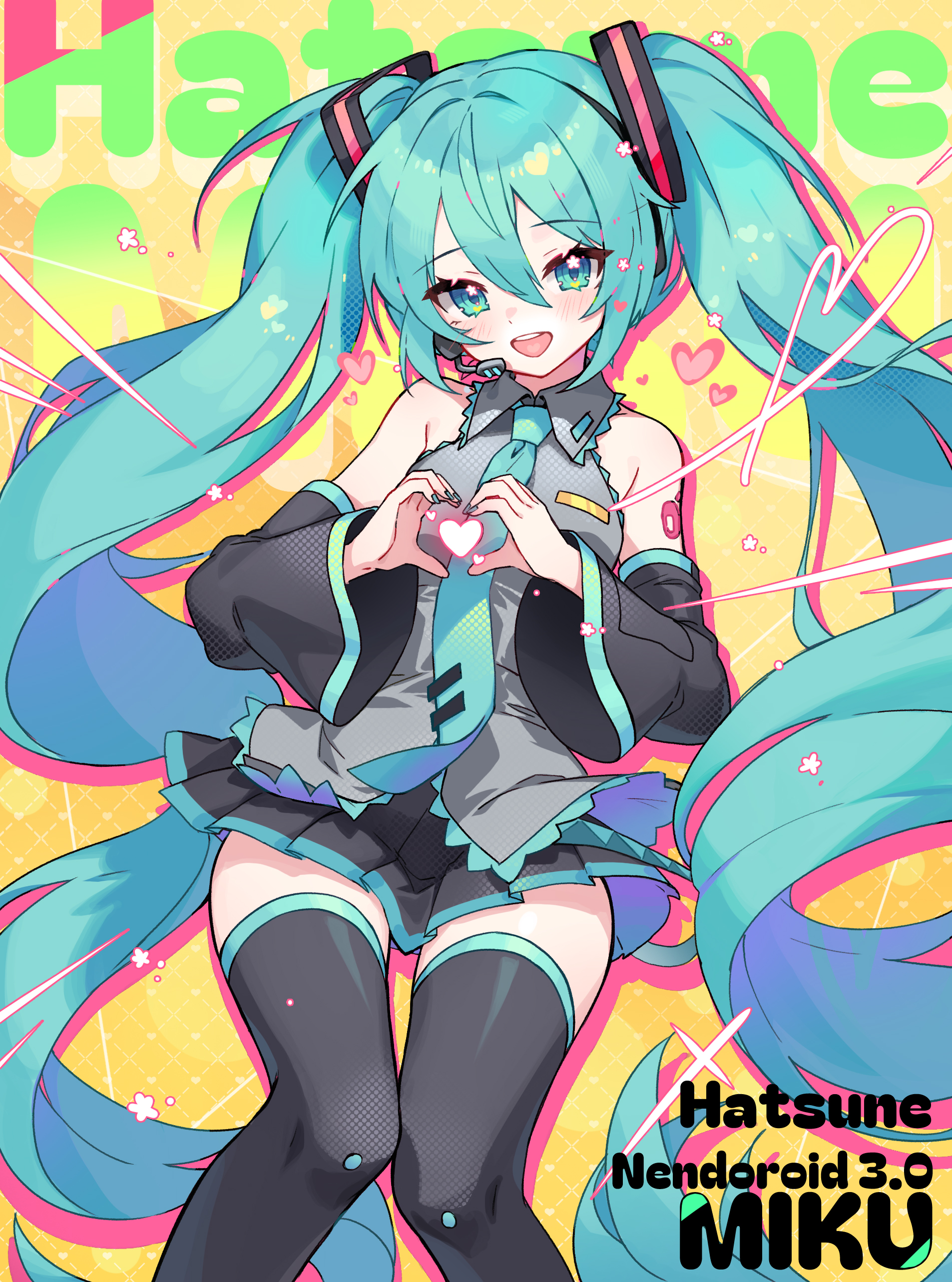 apple caramel, hatsune miku, vocaloid, absurdres, commentary request, highres, 1girl, :d, black skirt, black sleeves, black thighhighs, blue eyes, blue hair, blue nails, blue necktie, blush, brown background, character name, collared shirt, detached sleeves, feet out of frame, grey shirt, hair between eyes, headset, heart, heart hands, knees together feet apart, long sleeves, looking at viewer, nail polish, necktie, open mouth, pleated skirt, shirt, skirt, sleeveless, sleeveless shirt, smile, solo, teeth, thighhighs, tie clip, twintails, upper teeth only, wide sleeves