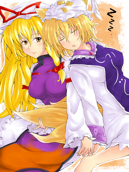 yude, yakumo ran, yakumo yukari, touhou, bad id, bad pixiv id, 2girls, animal hat, barefoot, blonde hair, blush, female focus, fox tail, hat, long hair, long sleeves, mob cap, multiple girls, ribbon, short hair, sleeping, tail, tassel, wide sleeves, yellow eyes
