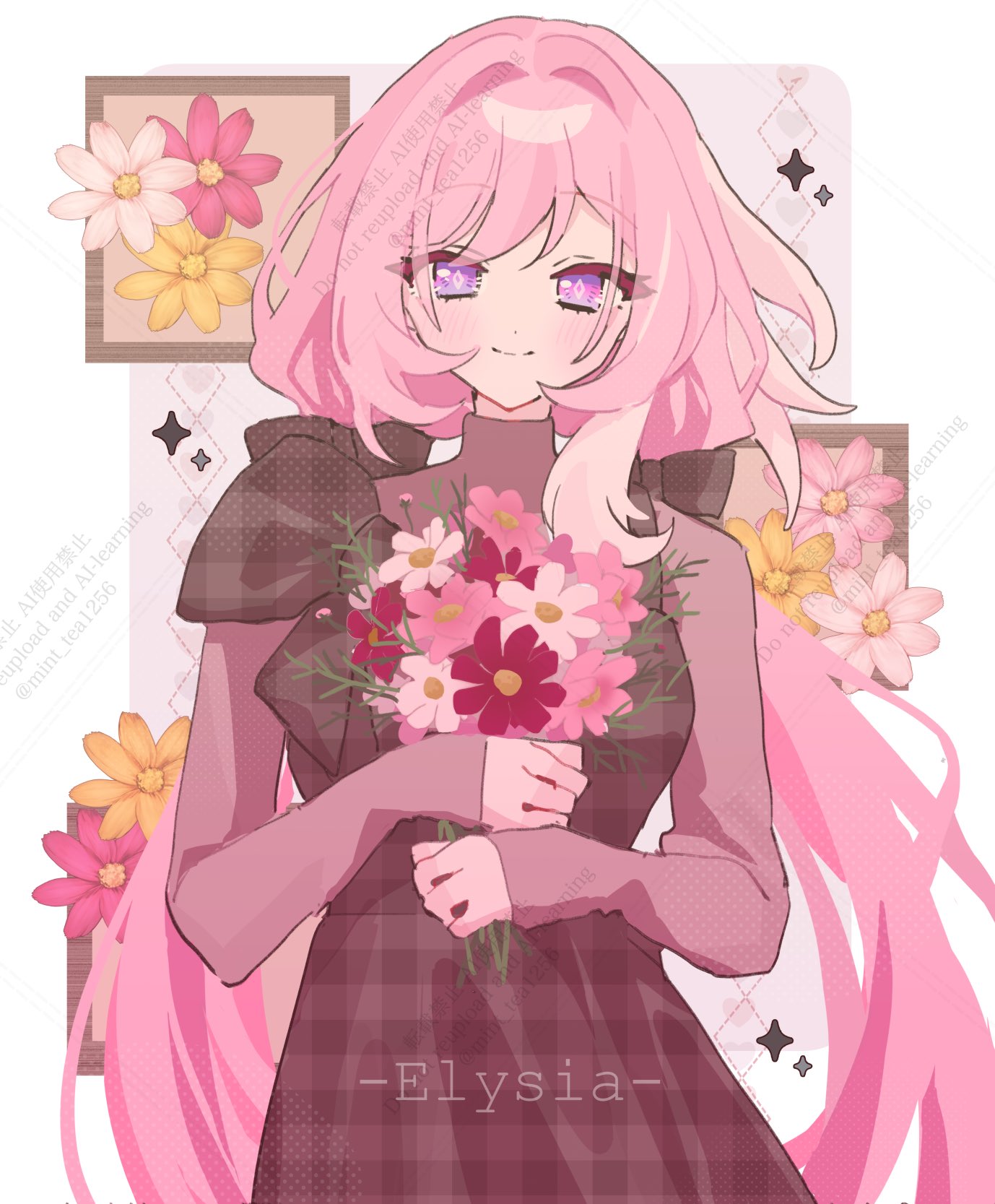 kanaria (mint tea1256), elysia (herrscher of human: ego) (honkai impact), elysia (honkai impact), honkai (series), honkai impact 3rd, commentary request, highres, 1girl, alternate costume, breasts, brown dress, diamond-shaped pupils, diamond (shape), dress, flower, holding, holding flower, large breasts, long hair, looking at viewer, pink flower, pink hair, purple eyes, smile, solo, symbol-shaped pupils, very long hair, yellow flower