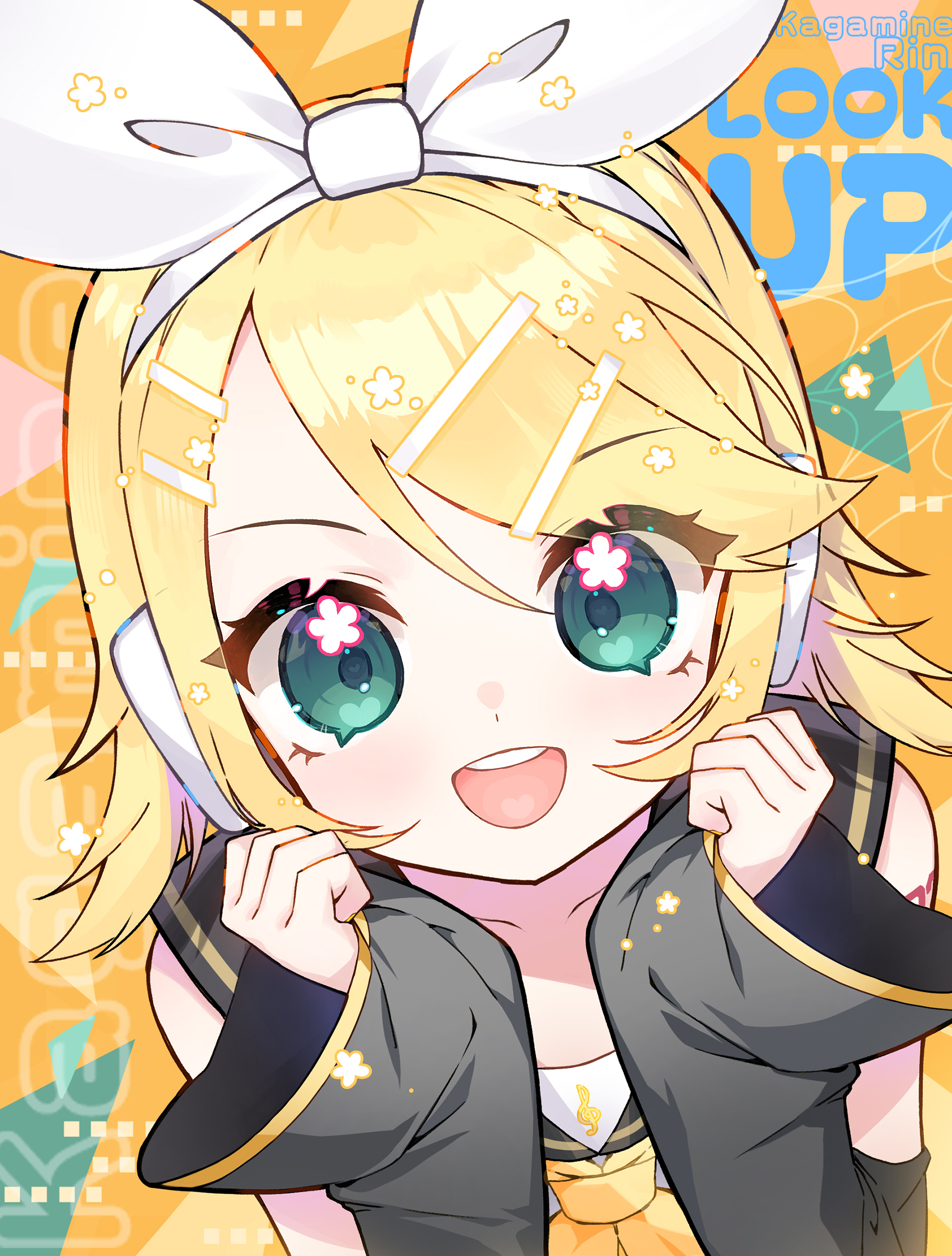 apple caramel, kagamine rin, vocaloid, commentary request, highres, 1girl, :d, black sailor collar, black sleeves, blonde hair, blush, brown background, character name, collarbone, green eyes, hair ornament, hair ribbon, hairclip, hands up, headphones, long sleeves, looking at viewer, neckerchief, open mouth, pinching sleeves, ribbon, sailor collar, shirt, sleeveless, sleeveless shirt, sleeves past wrists, smile, solo, swept bangs, teeth, upper body, upper teeth only, white ribbon, white shirt, wide sleeves, yellow neckerchief