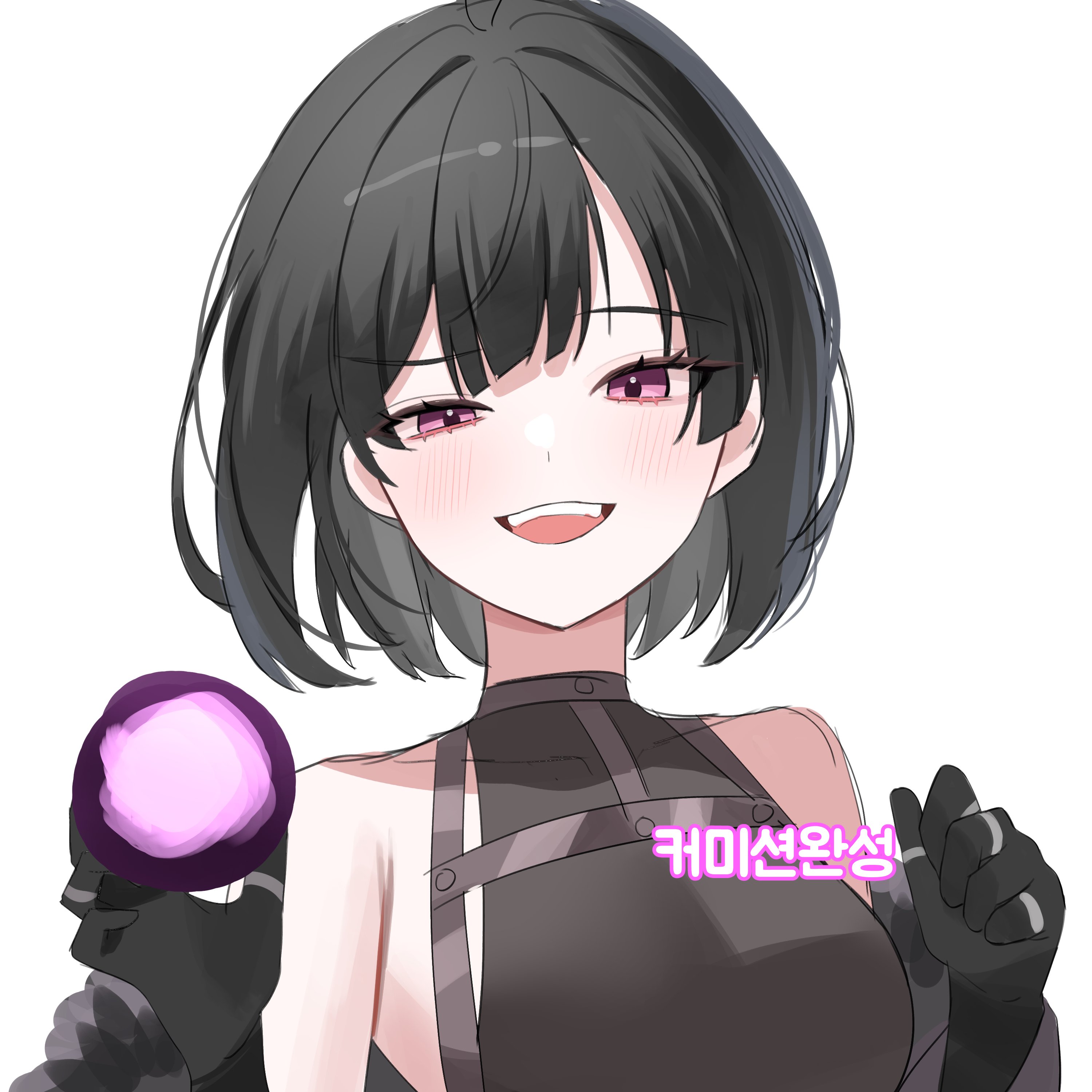 nannung, original, absurdres, commission, highres, 1girl, armpit crease, bare shoulders, black gloves, black hair, brown shirt, chest harness, gloves, harness, looking at viewer, open mouth, orb, pink eyes, raised eyebrow, shirt, short hair, sleeveless, sleeveless shirt, smile, solo, uneven eyes, upper body