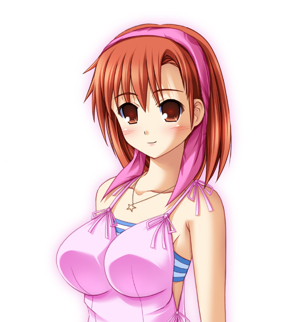 nak yama, tanigawa yuzu, devil survivor (series), devil survivor 1, 1girl, bandana, breasts, camisole, female focus, jewelry, large breasts, matching hair/eyes, necklace, orange eyes, orange hair, pink theme, ribbon, short hair, solo, tank top